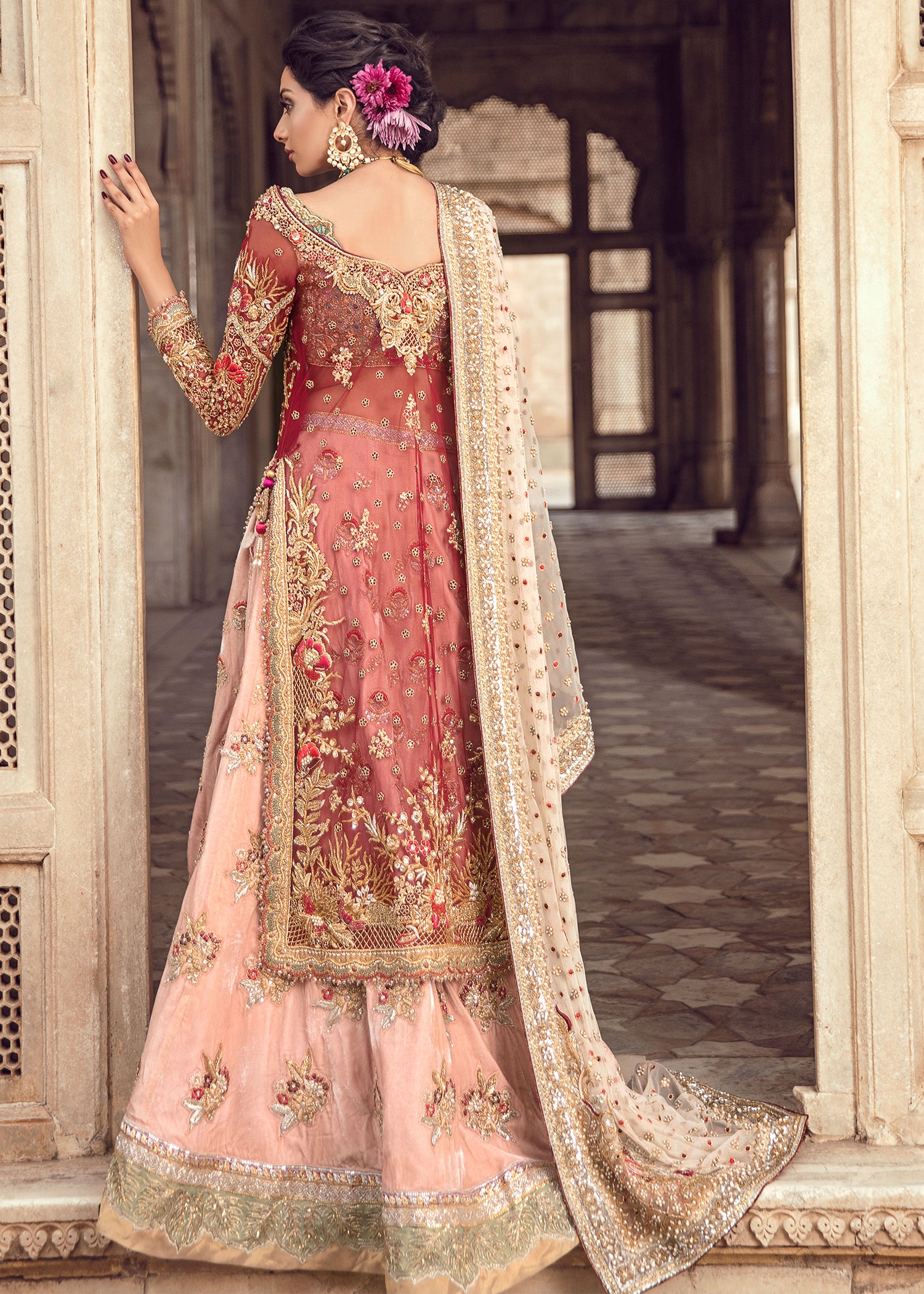Rust and Blush Embellished Silk Bridal Lehenga (3-Piece) - Image 3