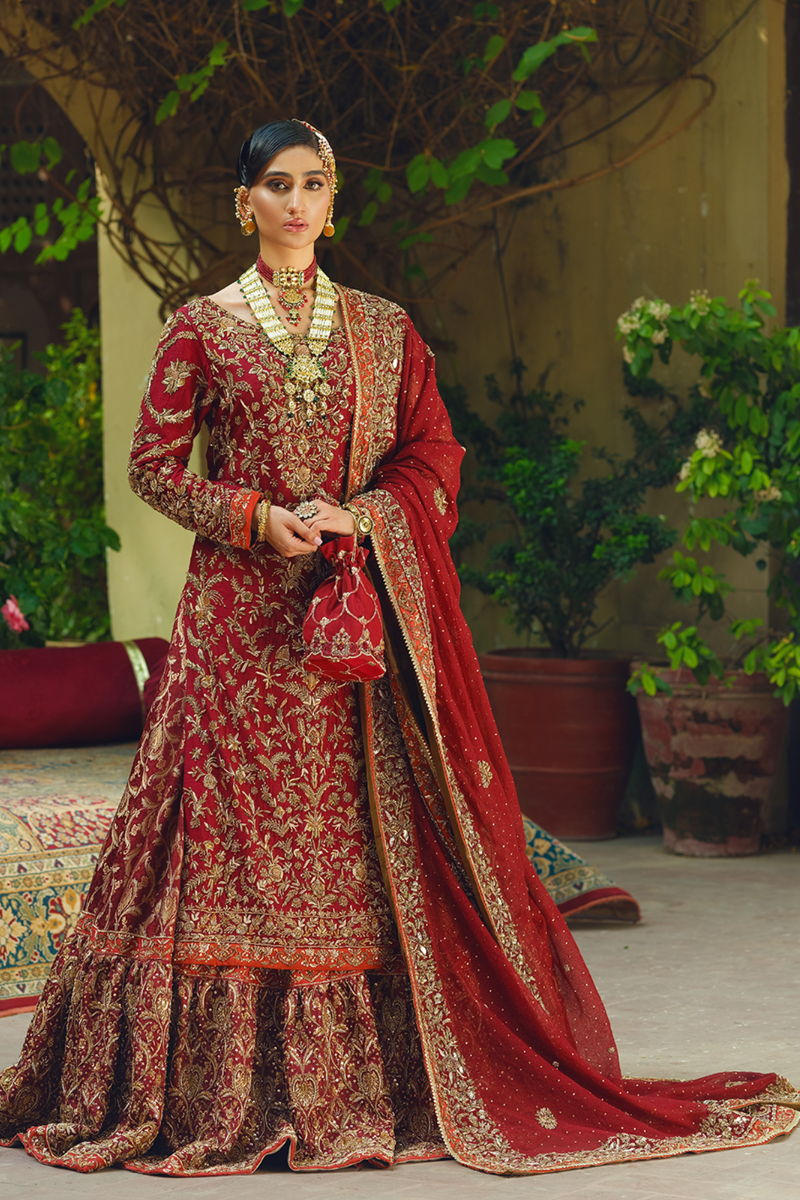 Maroon-Red Zardozi Silk Farshi Lehenga (3-Piece) - Image 1