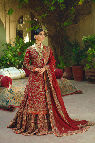 Maroon-Red Zardozi Silk Farshi Lehenga (3-Piece) - Image 3