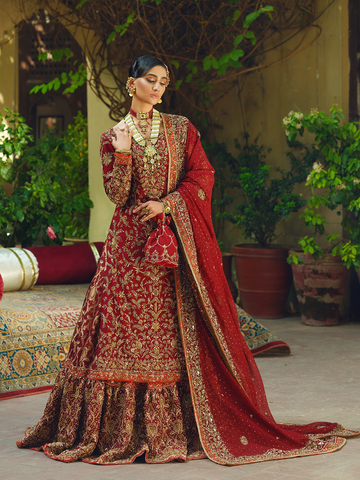 Maroon-Red Zardozi Silk Farshi Lehenga (3-Piece) - Image 5