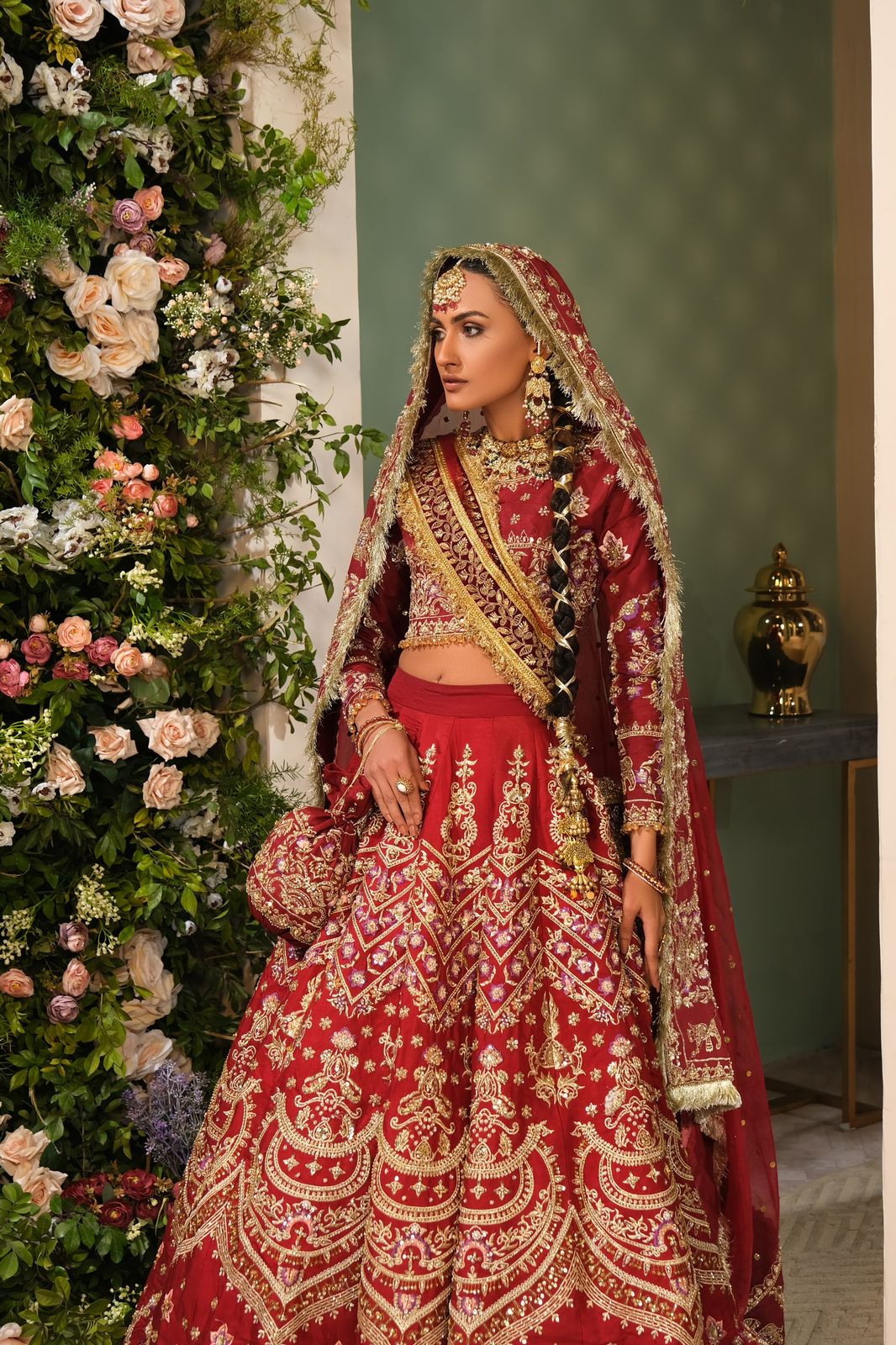 Pakistani Reddish Maroon Embroidered Silk Lehenga Choli (3-Piece) - Image 3