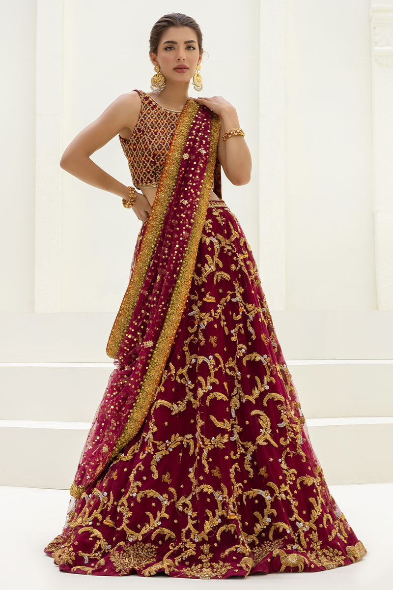 Maroon Embellished Soft Net Lehenga Choli (3-Piece) - Image 1
