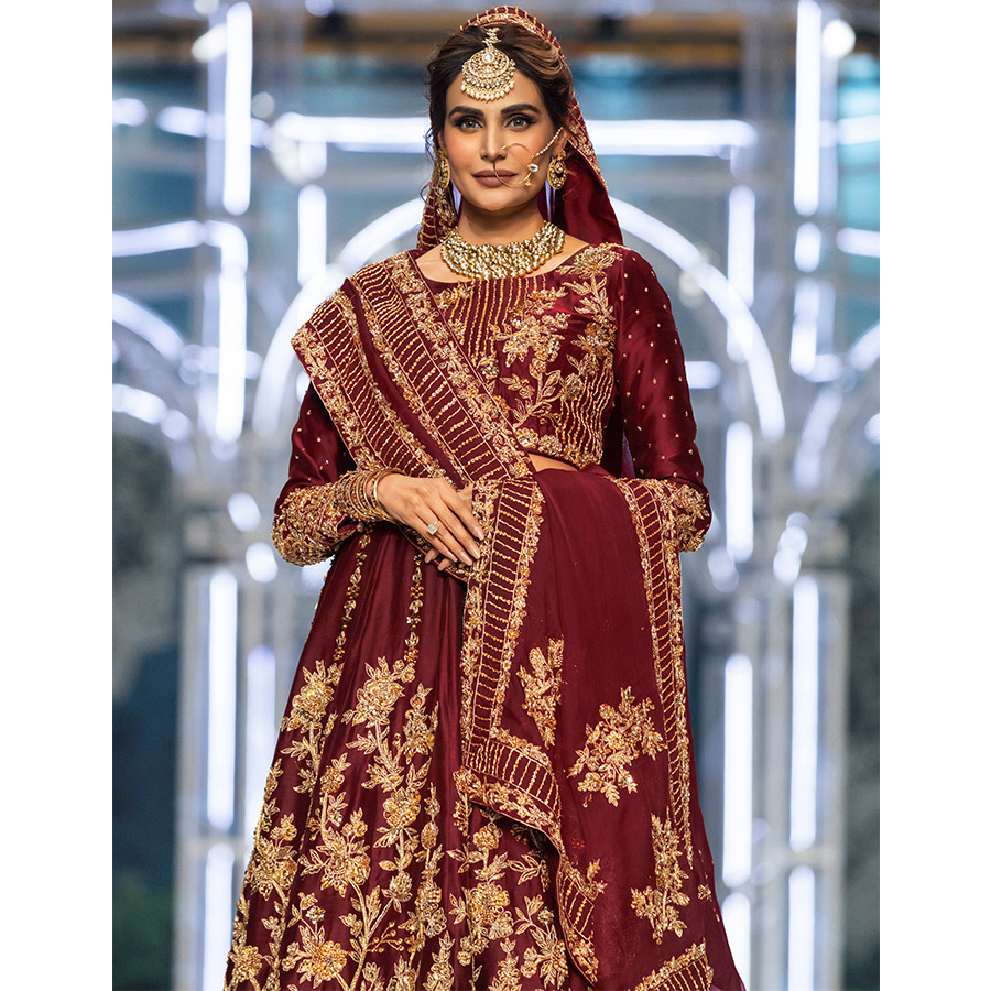 Royal Burgundy Dabka Kundan Tissue Silk Bridal Lehenga (3-Piece) - Image 2