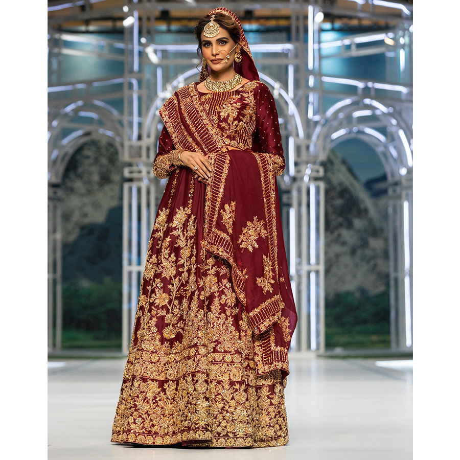 Royal Burgundy Dabka Kundan Tissue Silk Bridal Lehenga (3-Piece) - Image 3