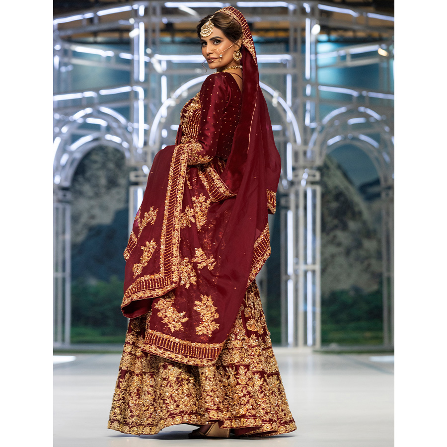 Royal Burgundy Dabka Kundan Tissue Silk Bridal Lehenga (3-Piece) - Image 4