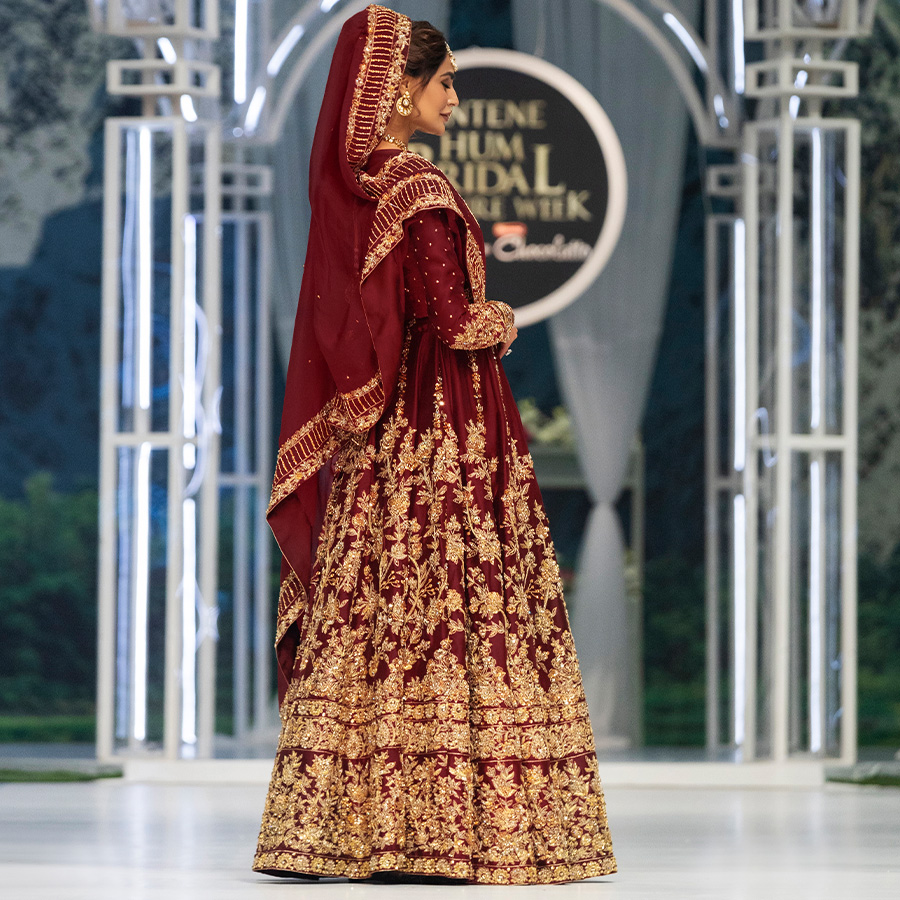 Royal Burgundy Dabka Kundan Tissue Silk Bridal Lehenga (3-Piece) - Image 5