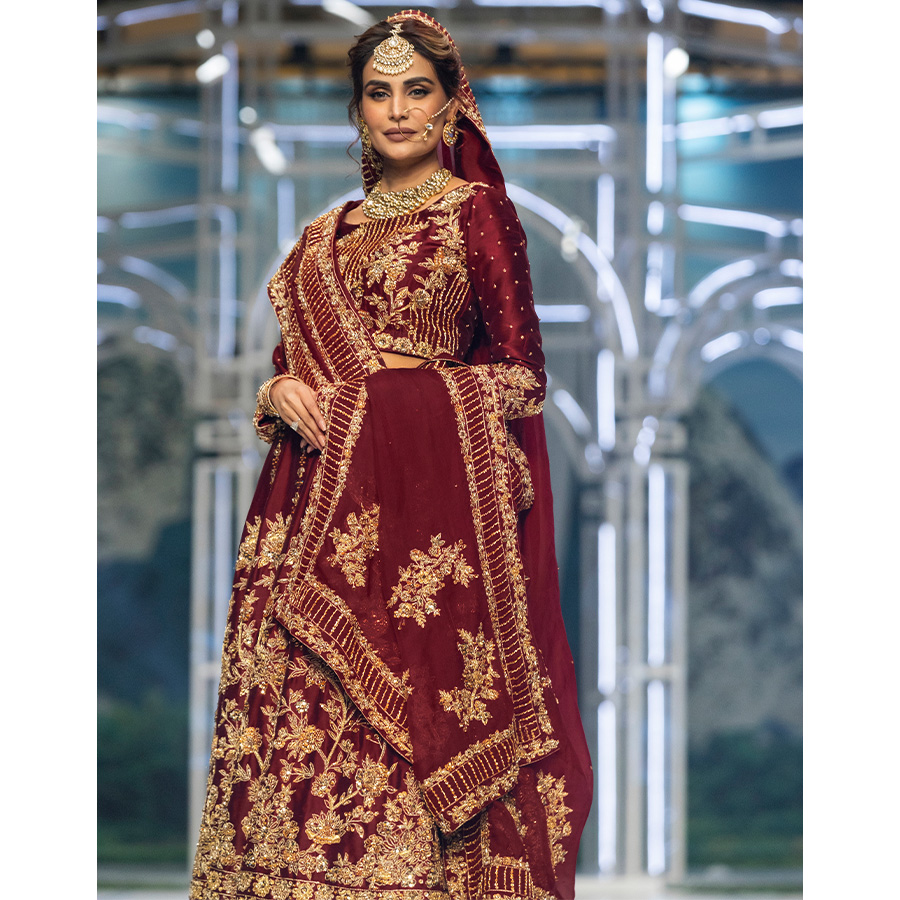 Royal Burgundy Dabka Kundan Tissue Silk Bridal Lehenga (3-Piece) - Image 6