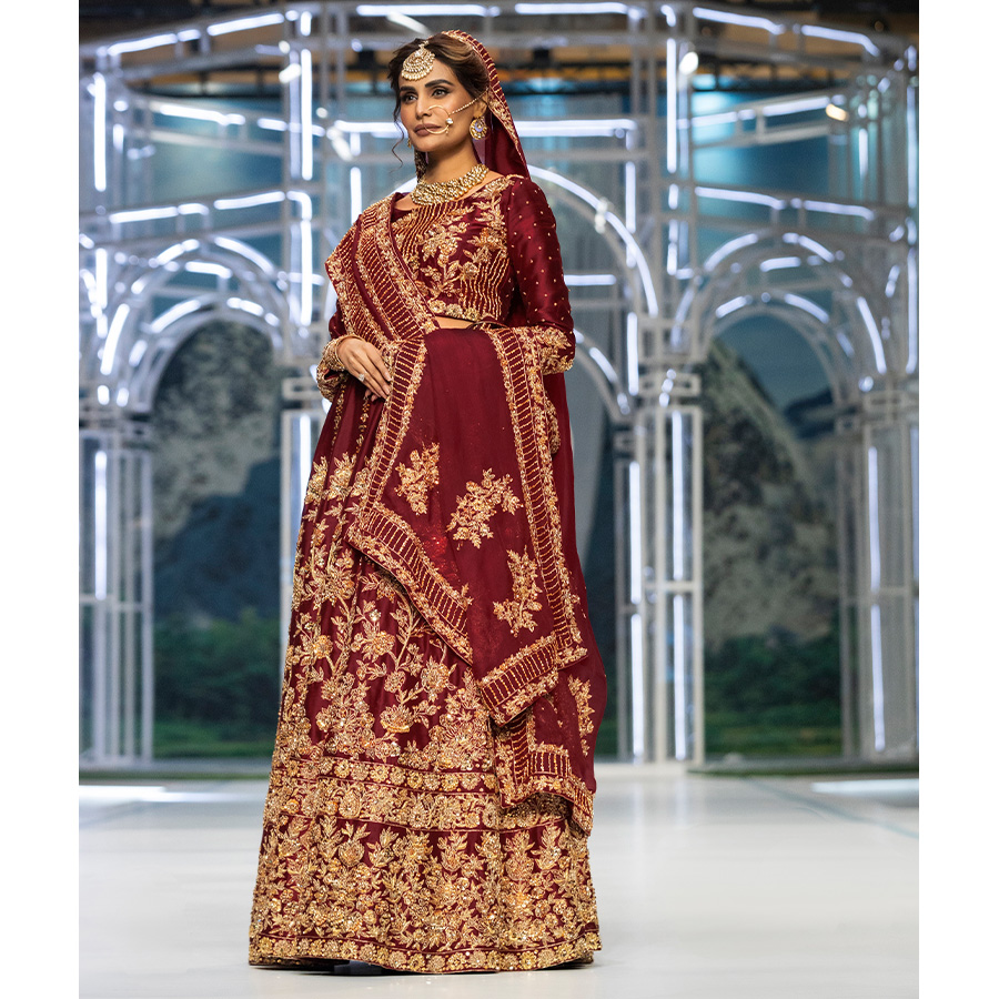 Royal Burgundy Dabka Kundan Tissue Silk Bridal Lehenga (3-Piece) - Image 7
