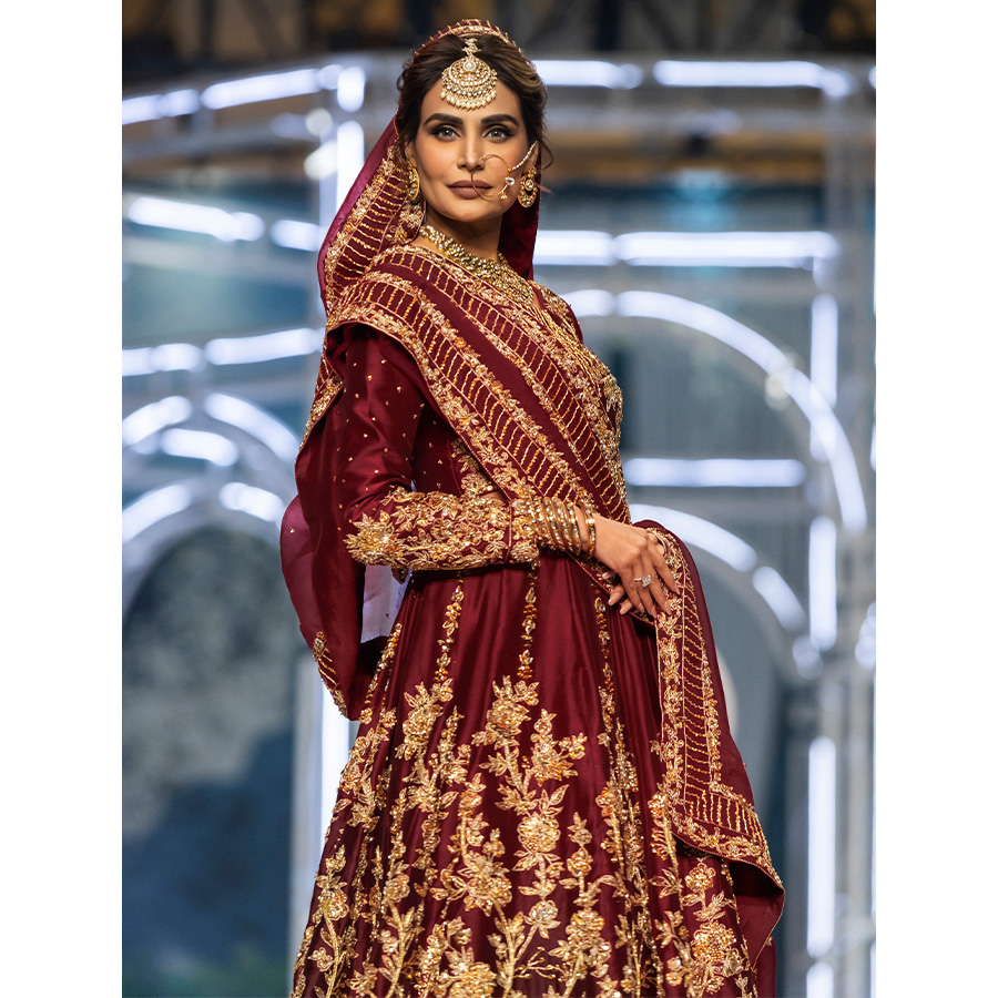 Royal Burgundy Dabka Kundan Tissue Silk Bridal Lehenga (3-Piece) - Image 8