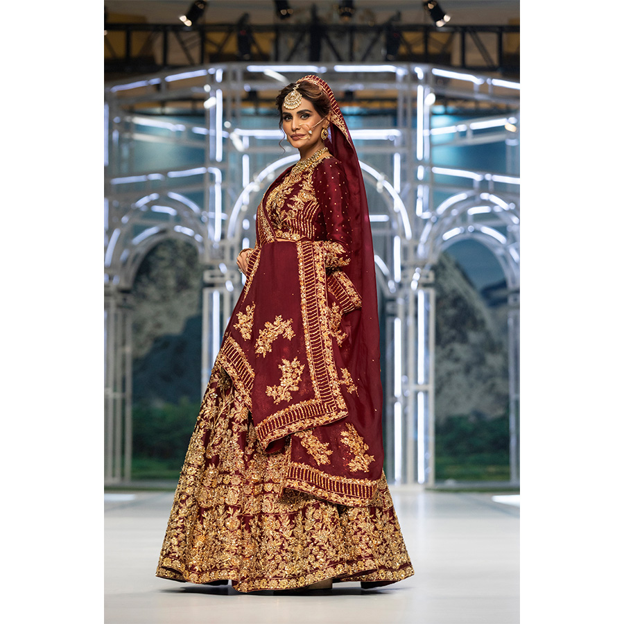 Royal Burgundy Dabka Kundan Tissue Silk Bridal Lehenga (3-Piece) - Image 9