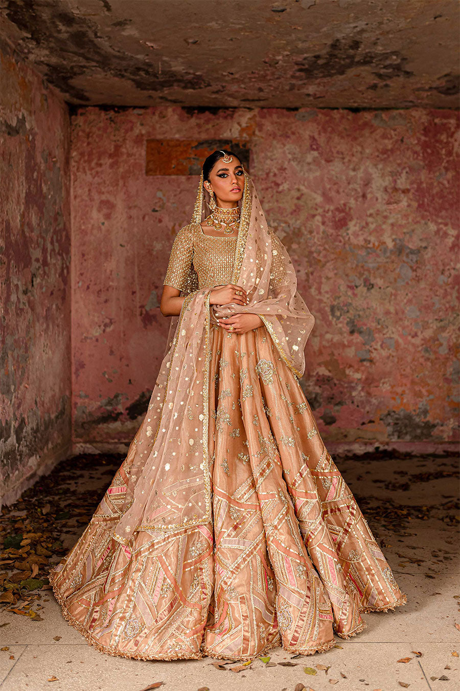 Pakistani Rust Zardozi Tissue & Organza Bridal Lehenga (3-Piece) - Image 1