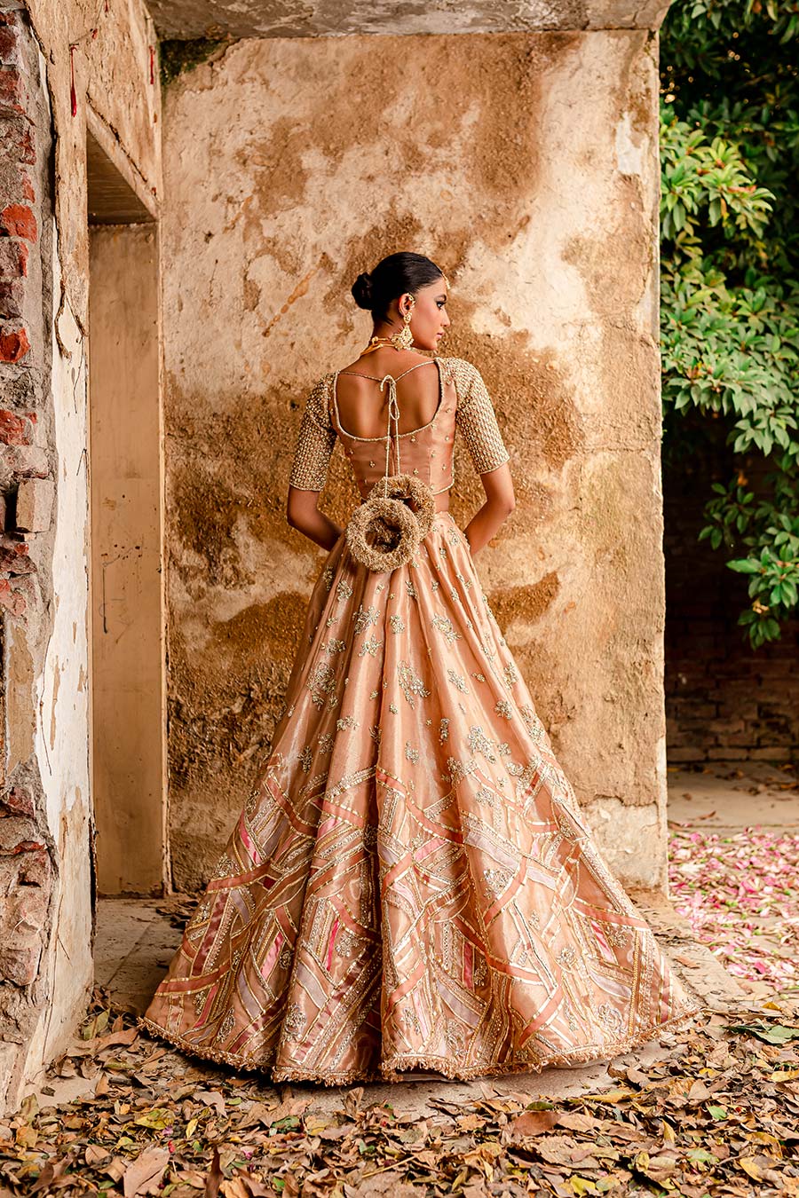Pakistani Rust Zardozi Tissue & Organza Bridal Lehenga (3-Piece) - Image 3
