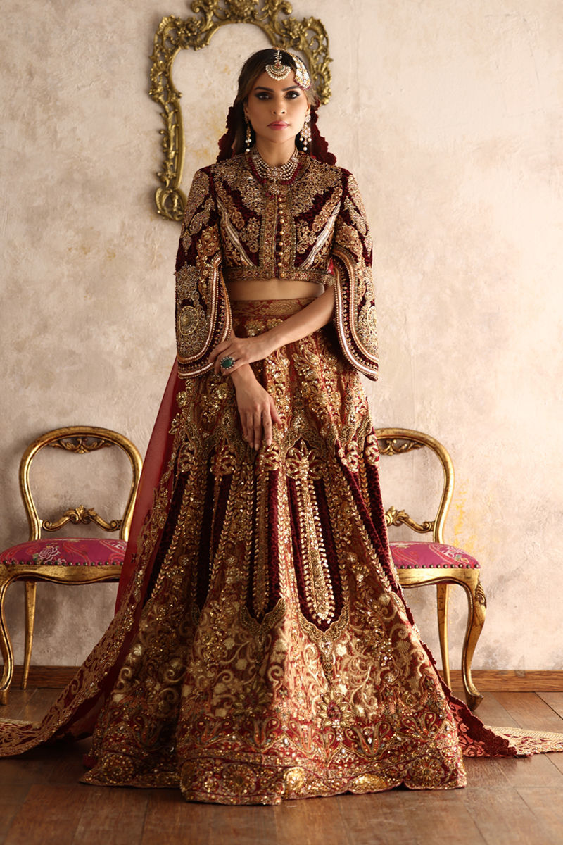 Pakistani Deep Maroon Zardozi Palachi & Brocade Bridal Lehenga (3-Piece) - Image 1