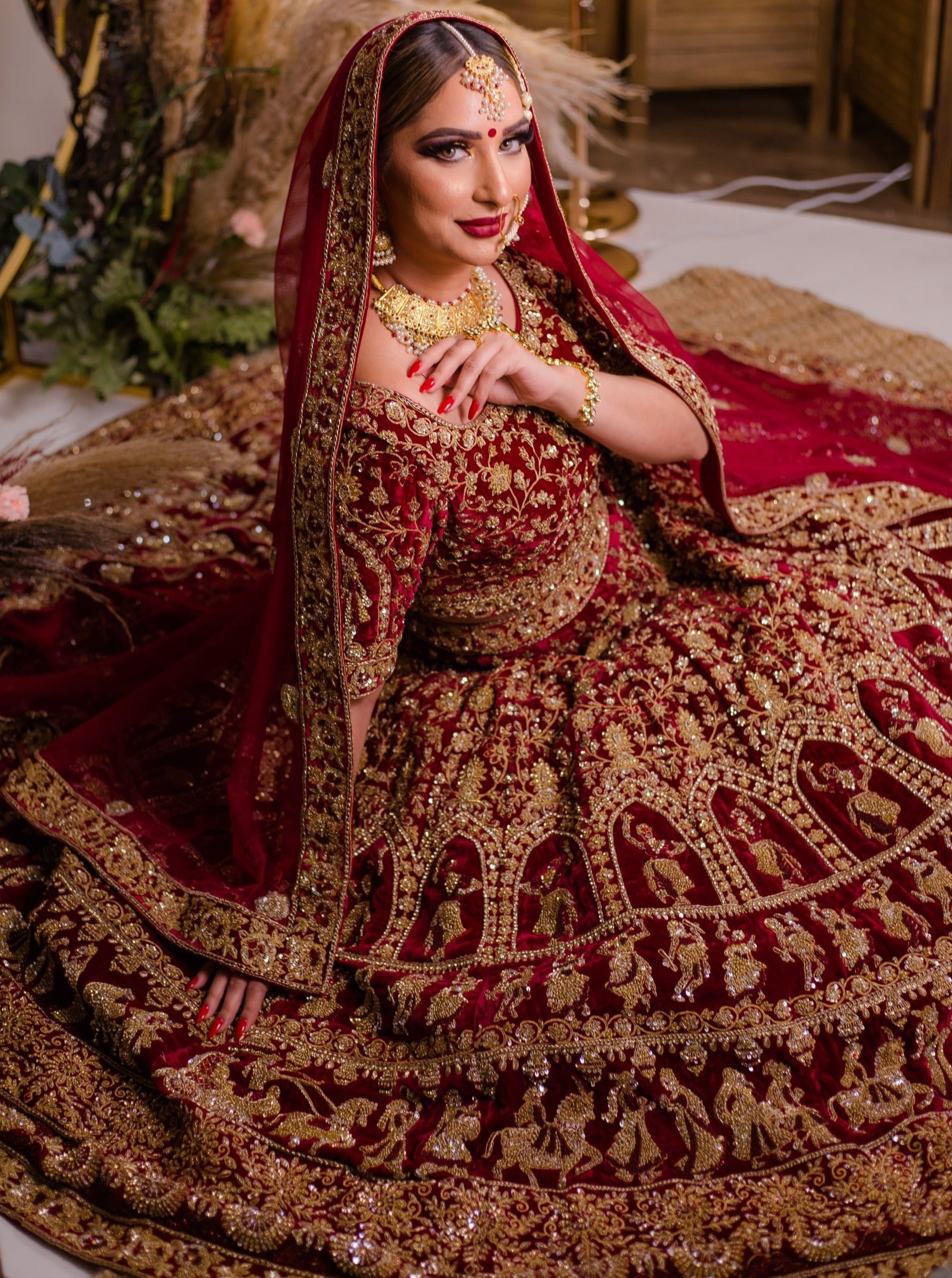 Indian Burgundy Embroidered Velvet Bridal Lehenga Choli (3-Piece) - Image 1
