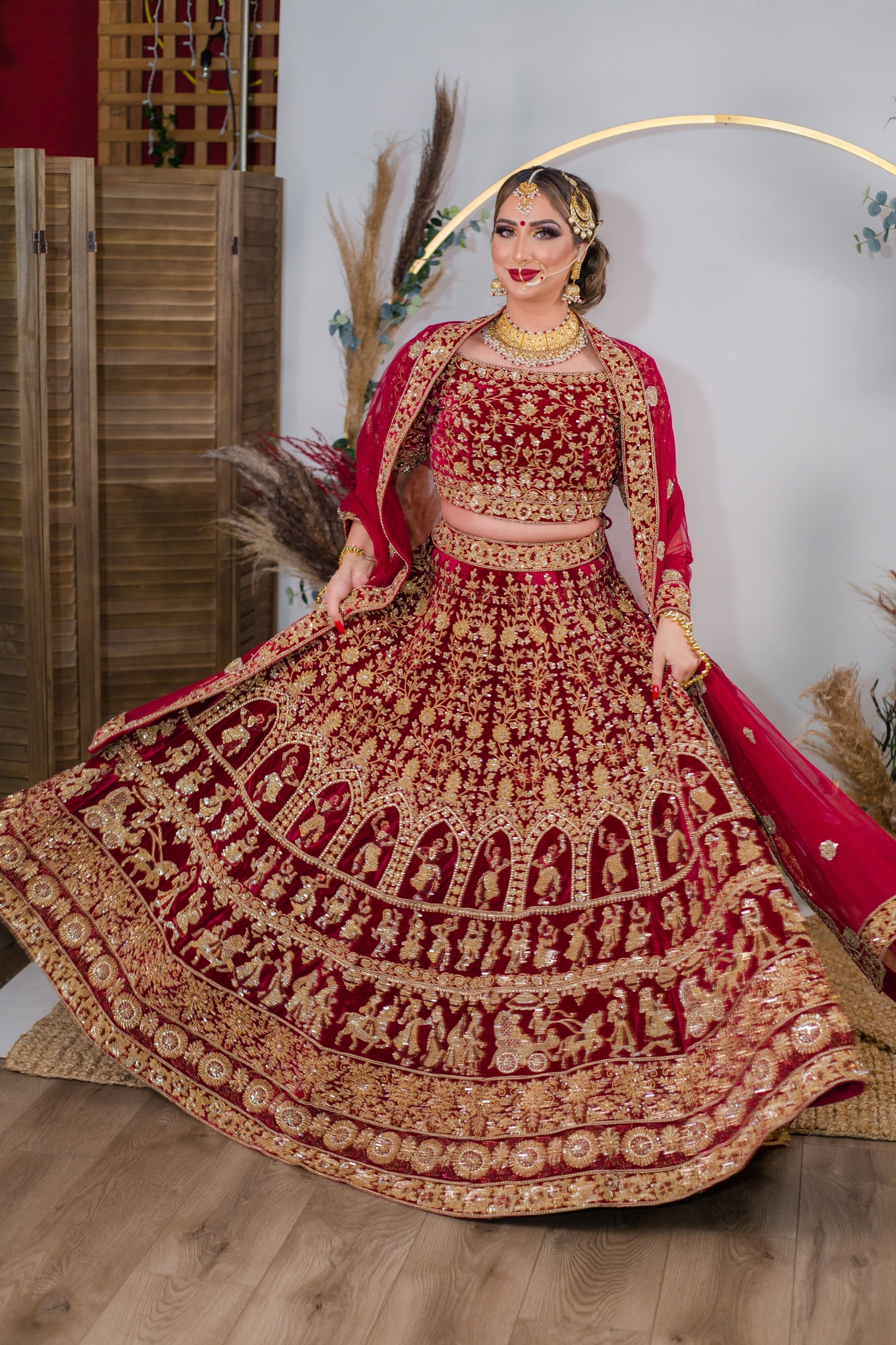 Indian Burgundy Embroidered Velvet Bridal Lehenga Choli (3-Piece) - Image 11