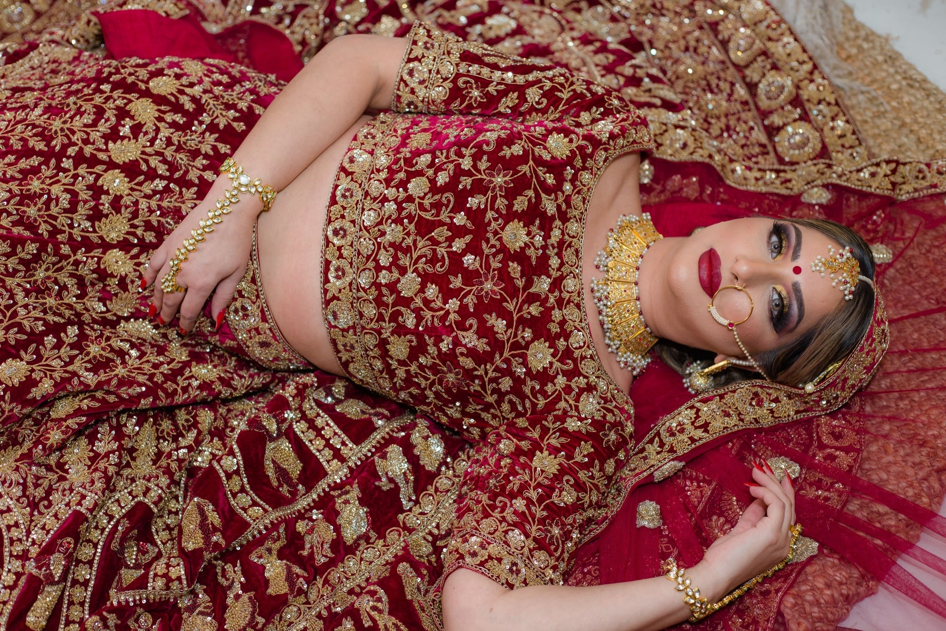 Indian Burgundy Embroidered Velvet Bridal Lehenga Choli (3-Piece) - Image 12