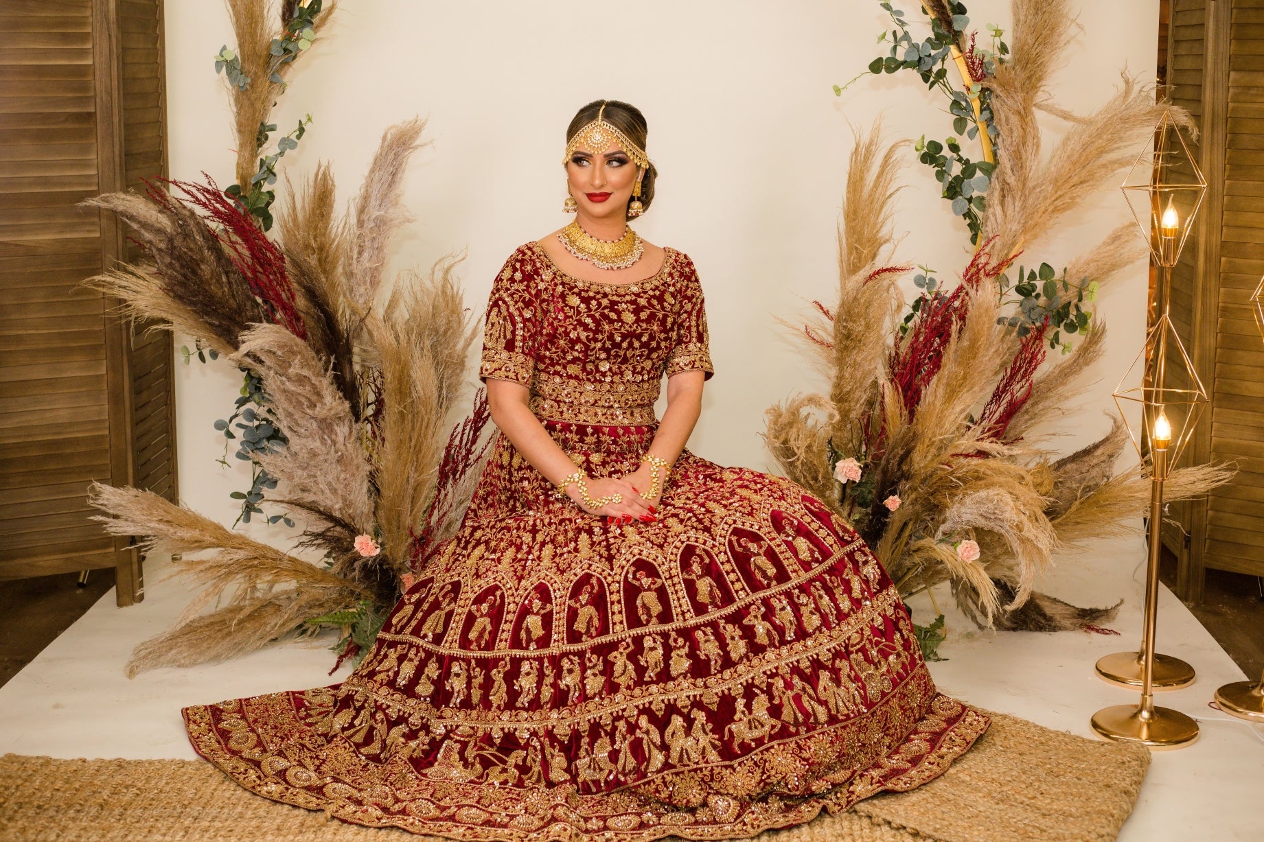 Indian Burgundy Embroidered Velvet Bridal Lehenga Choli (3-Piece) - Image 13
