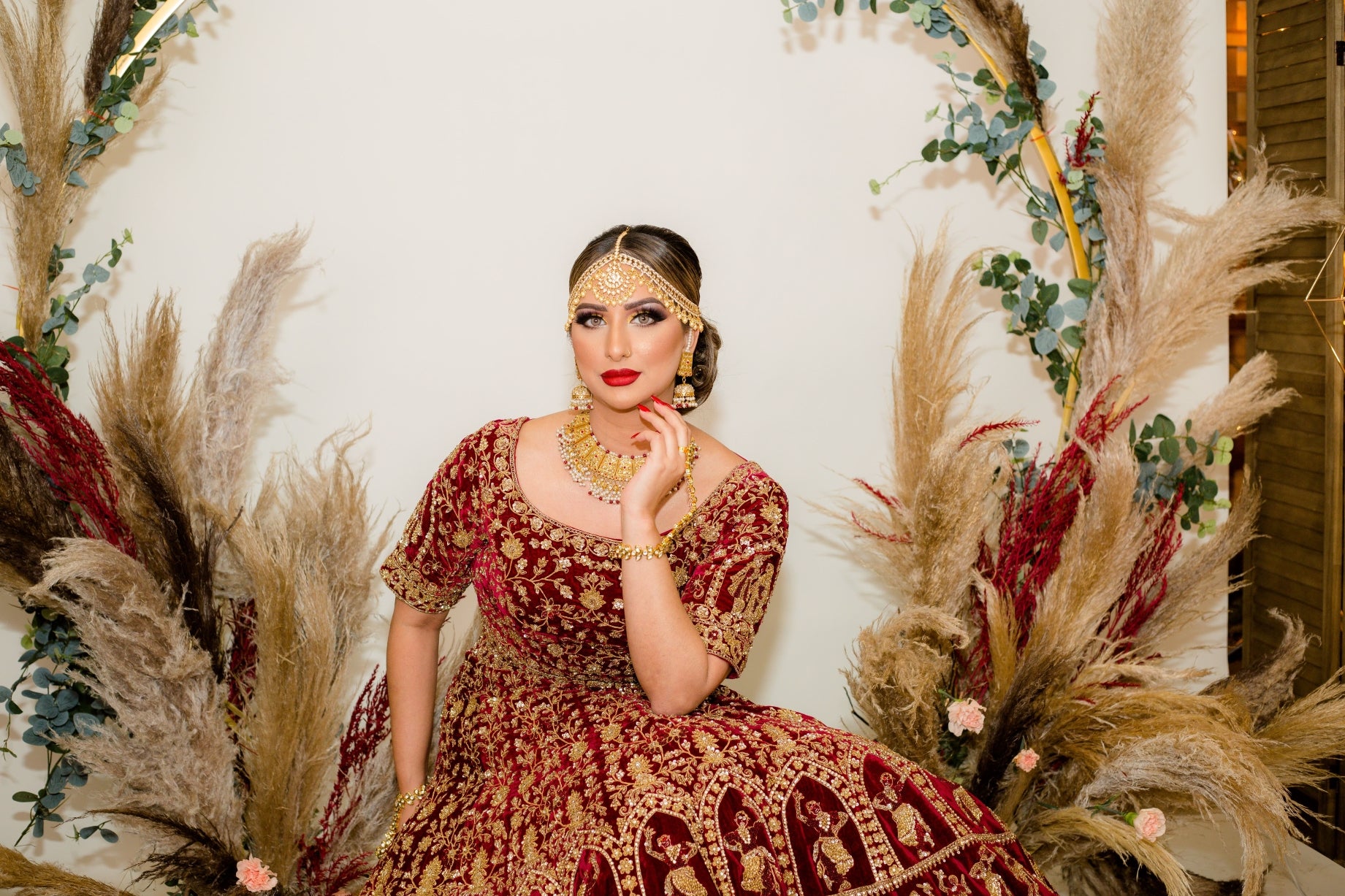 Indian Burgundy Embroidered Velvet Bridal Lehenga Choli (3-Piece) - Image 14