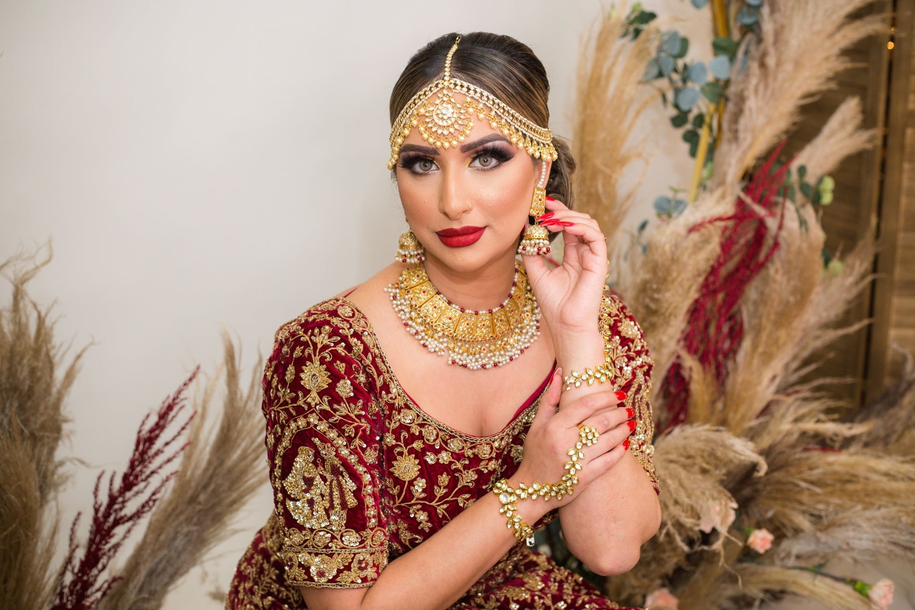 Indian Burgundy Embroidered Velvet Bridal Lehenga Choli (3-Piece) - Image 15