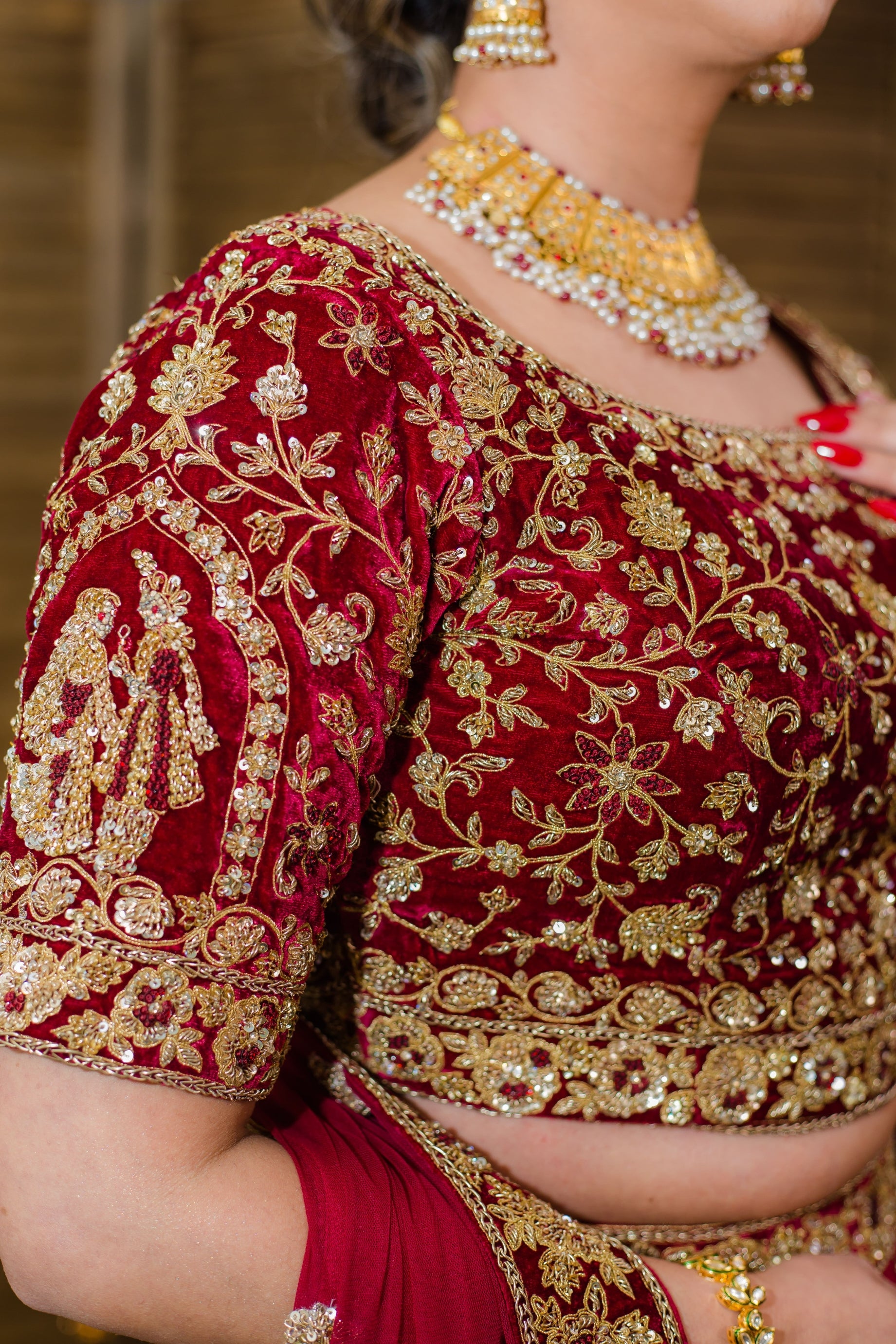 Indian Burgundy Embroidered Velvet Bridal Lehenga Choli (3-Piece) - Image 2