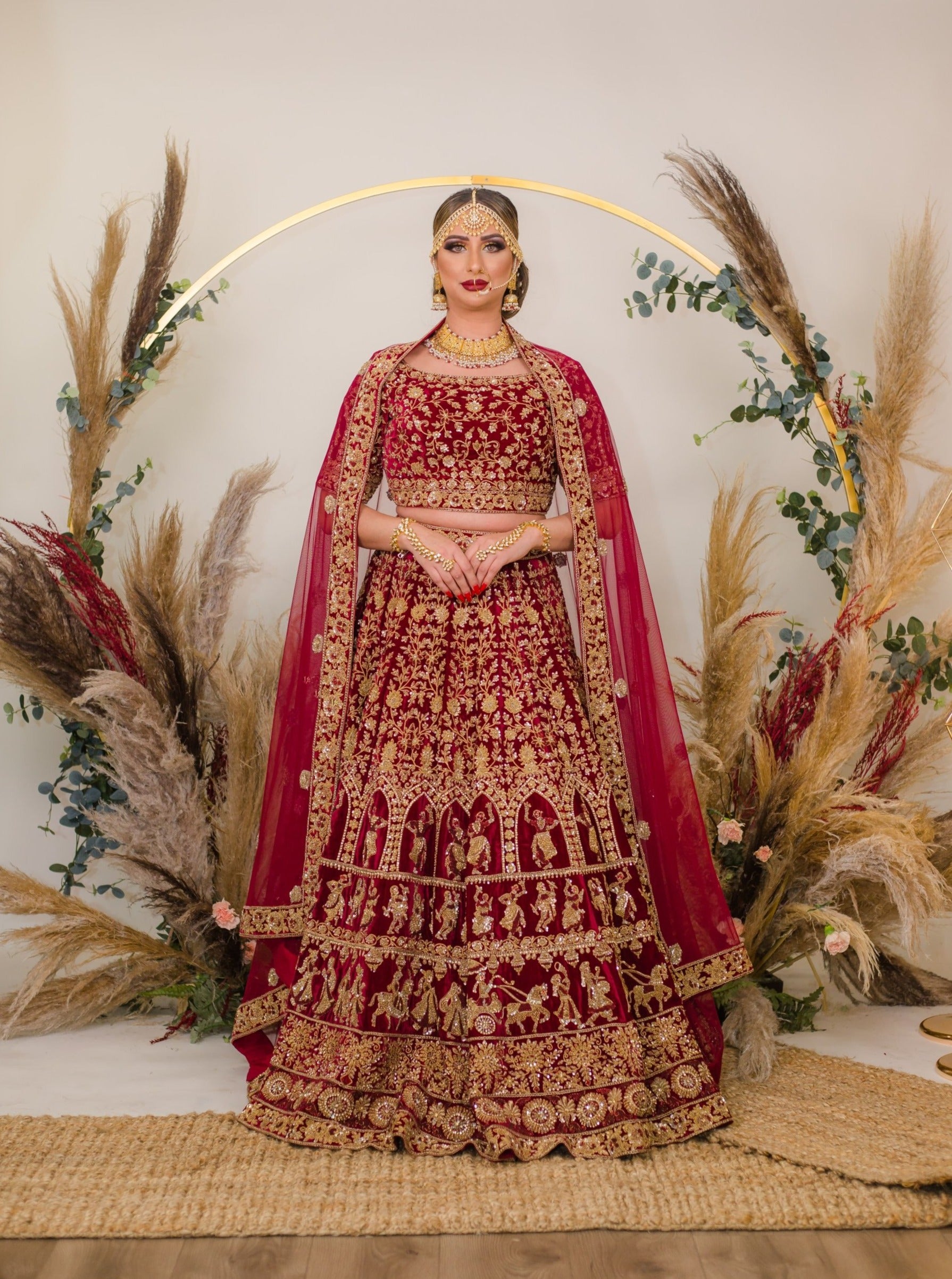 Indian Burgundy Embroidered Velvet Bridal Lehenga Choli (3-Piece) - Image 3