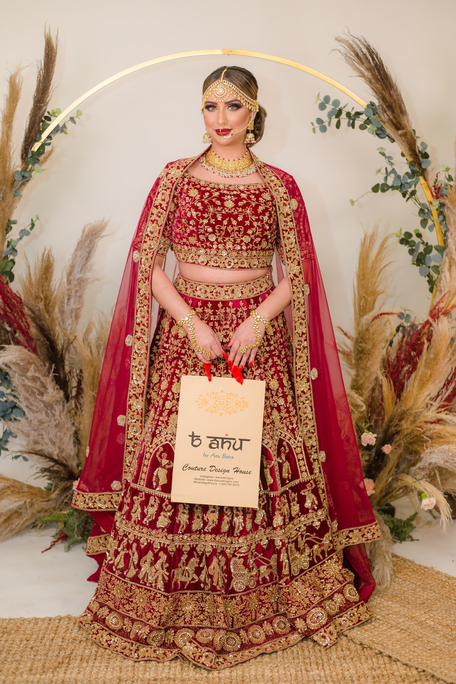 Indian Burgundy Embroidered Velvet Bridal Lehenga Choli (3-Piece) - Image 5