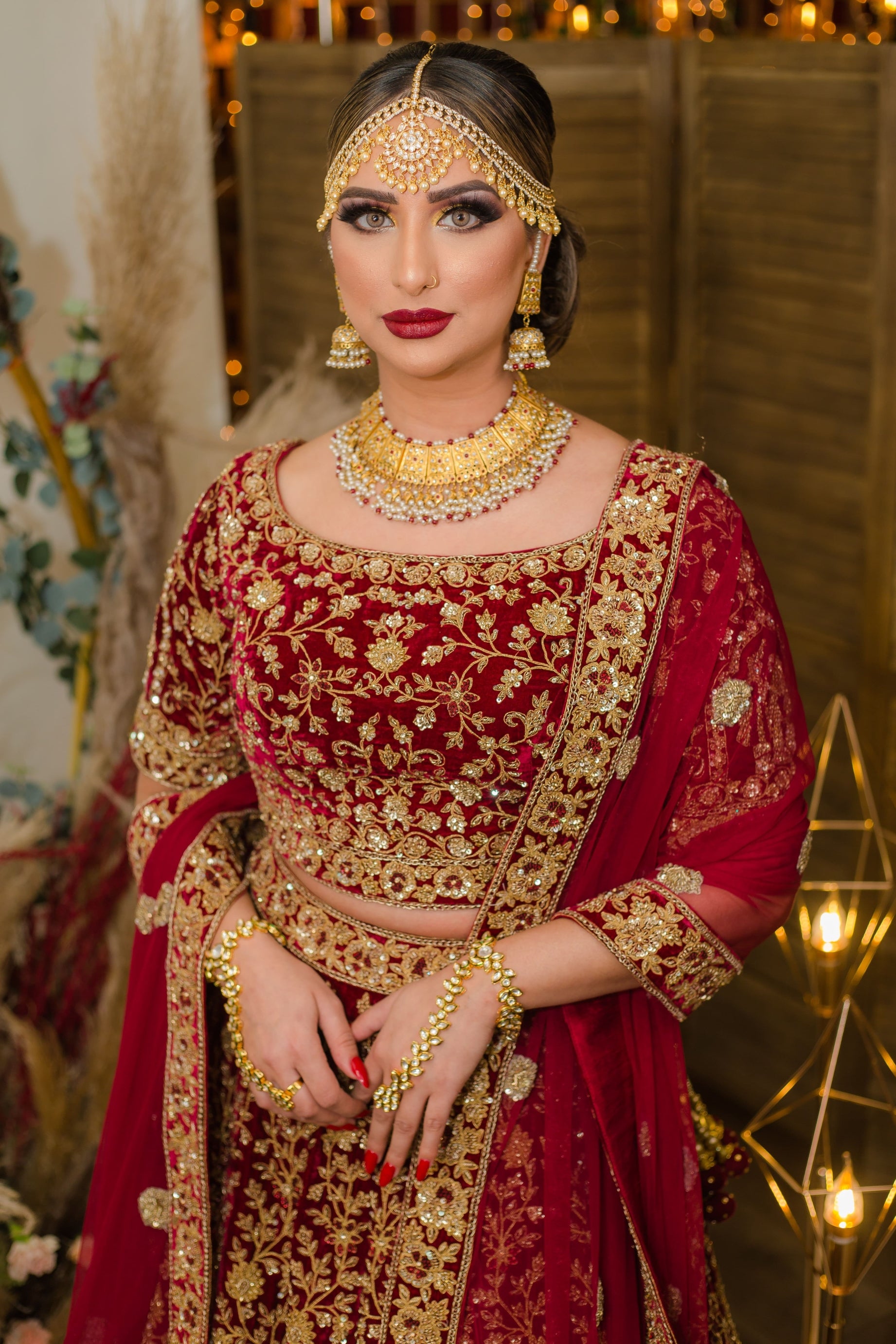 Indian Burgundy Embroidered Velvet Bridal Lehenga Choli (3-Piece) - Image 8