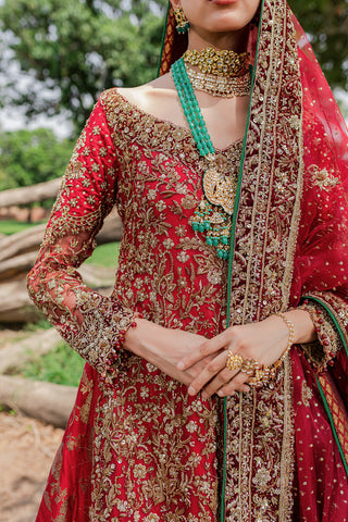 Pakistani Maroonish Red Embroidered Net & Velvet Bridal Lehenga (3-Piece) - Image 3
