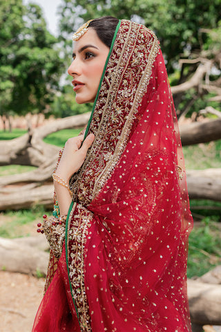 Pakistani Maroonish Red Embroidered Net & Velvet Bridal Lehenga (3-Piece) - Image 6