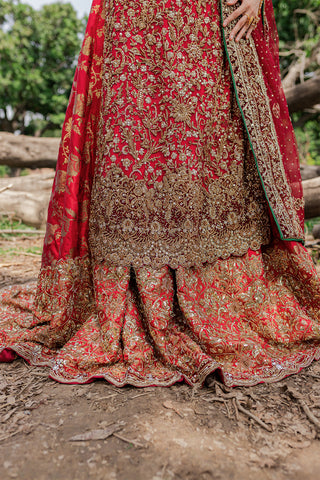 Pakistani Maroonish Red Embroidered Net & Velvet Bridal Lehenga (3-Piece) - Image 8