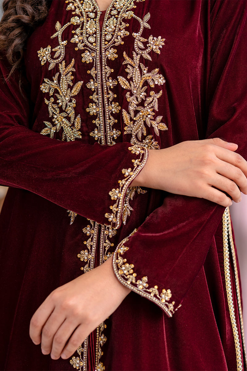 Maroon Dabka & Swarovski Velvet Long Shirt (2-Piece) - Image 1