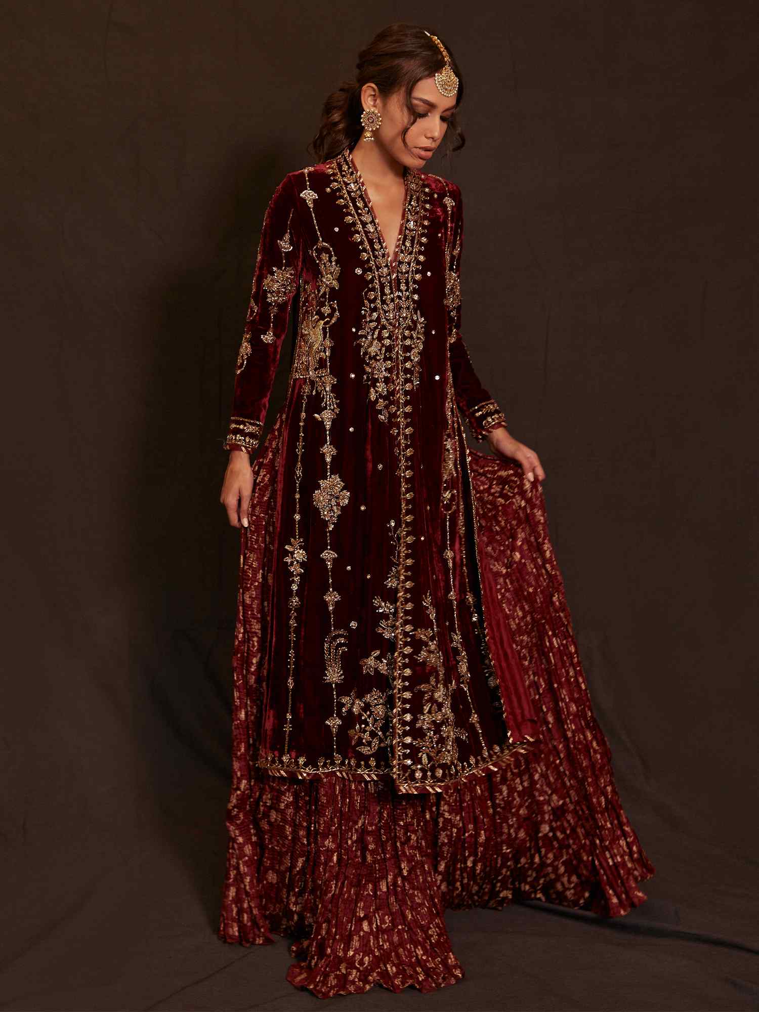 Pakistani Maroon Embroidered Velvet & Banarsi Lehenga (2-Piece) - Image 1