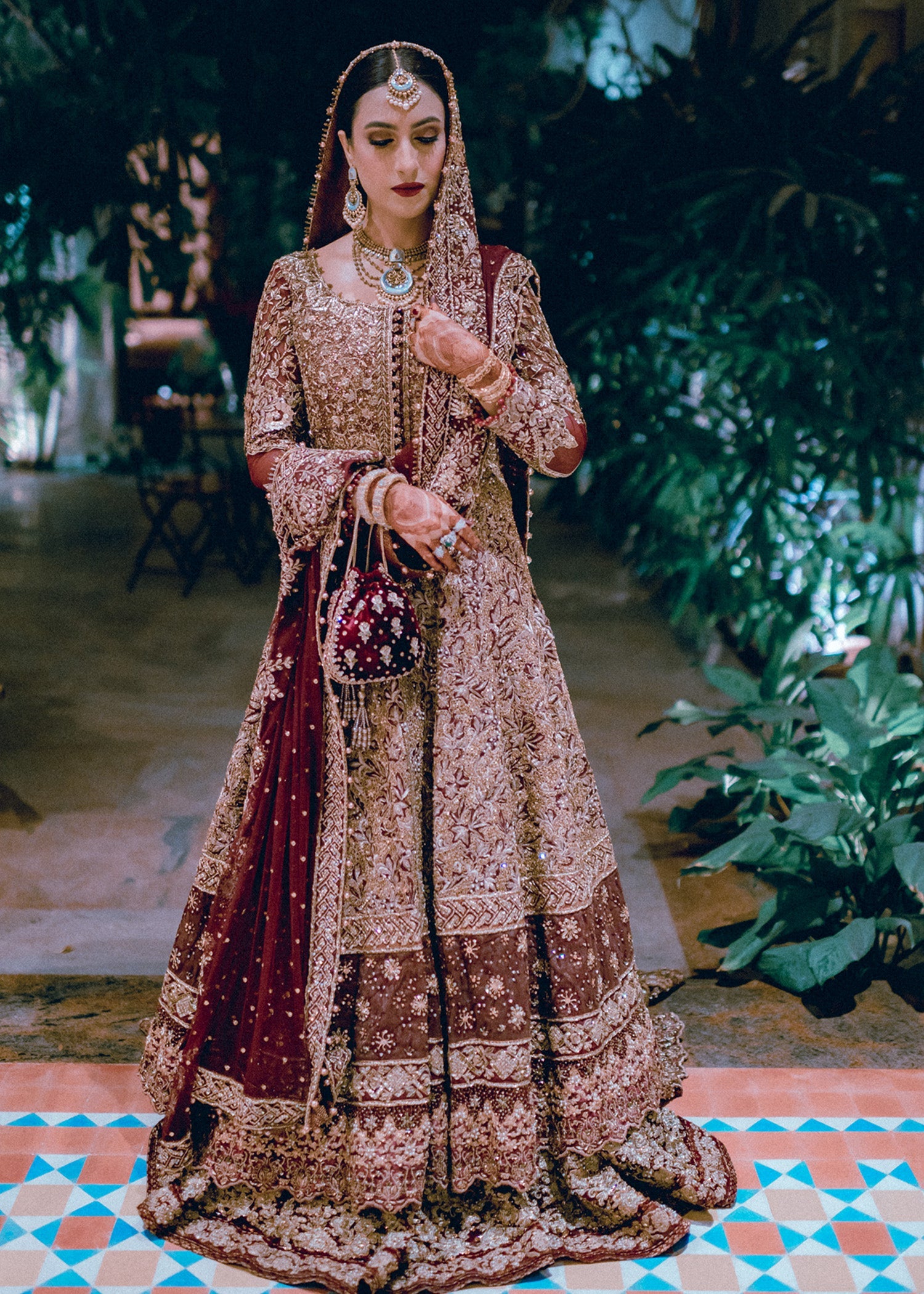 Pakistani Deep Maroon Gold Embroidered Velvet Silk Lehenga (3-Piece) - Image 1