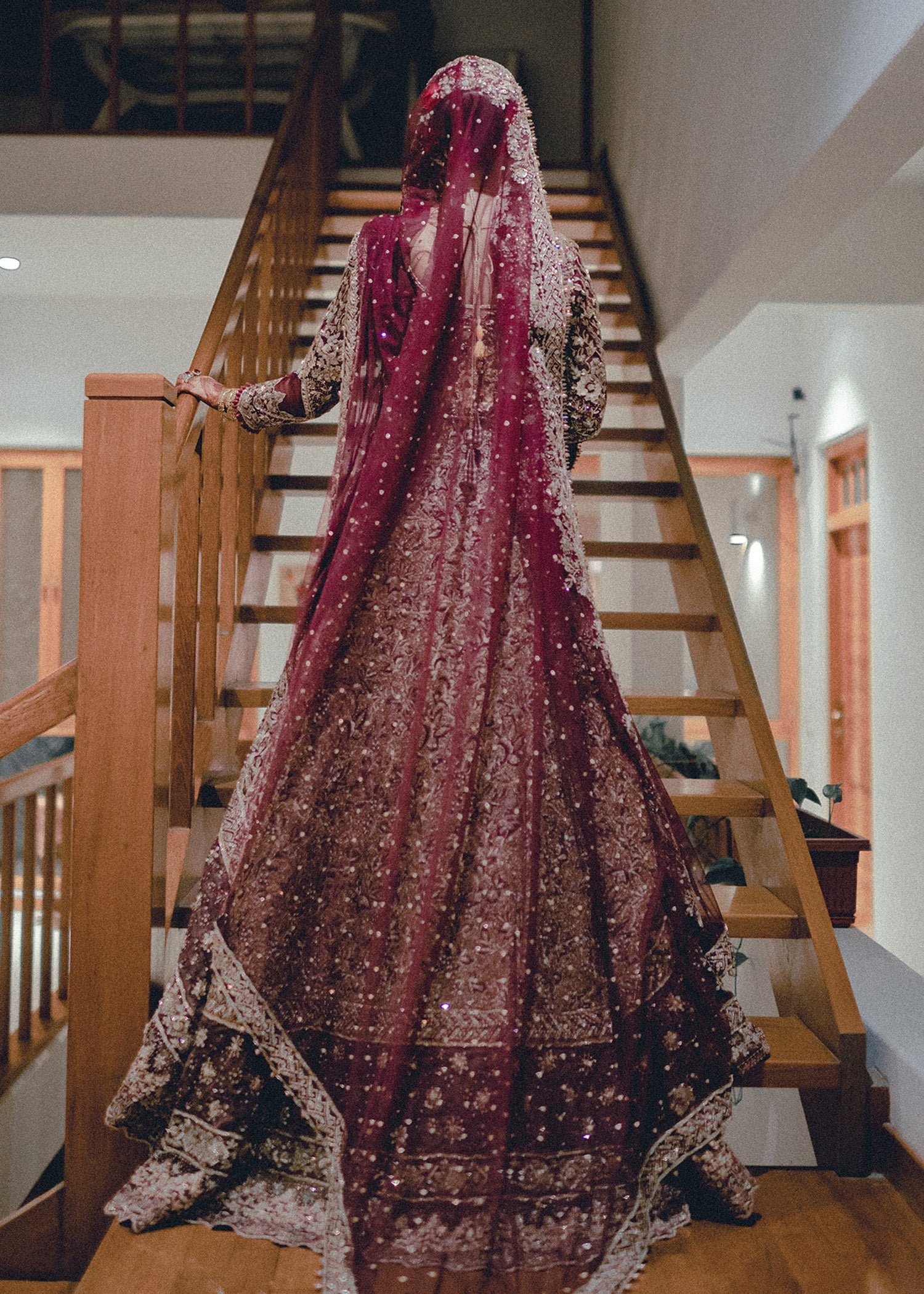 Pakistani Deep Maroon Gold Embroidered Velvet Silk Lehenga (3-Piece) - Image 3