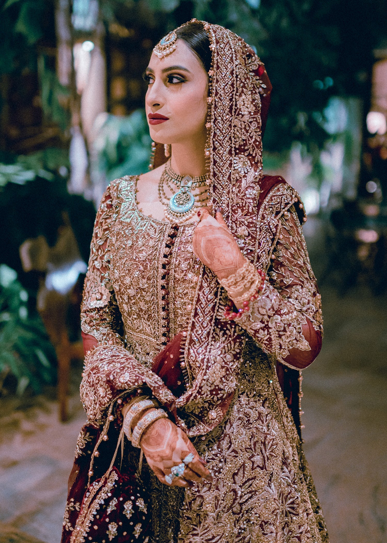 Pakistani Deep Maroon Gold Embroidered Velvet Silk Lehenga (3-Piece) - Image 5