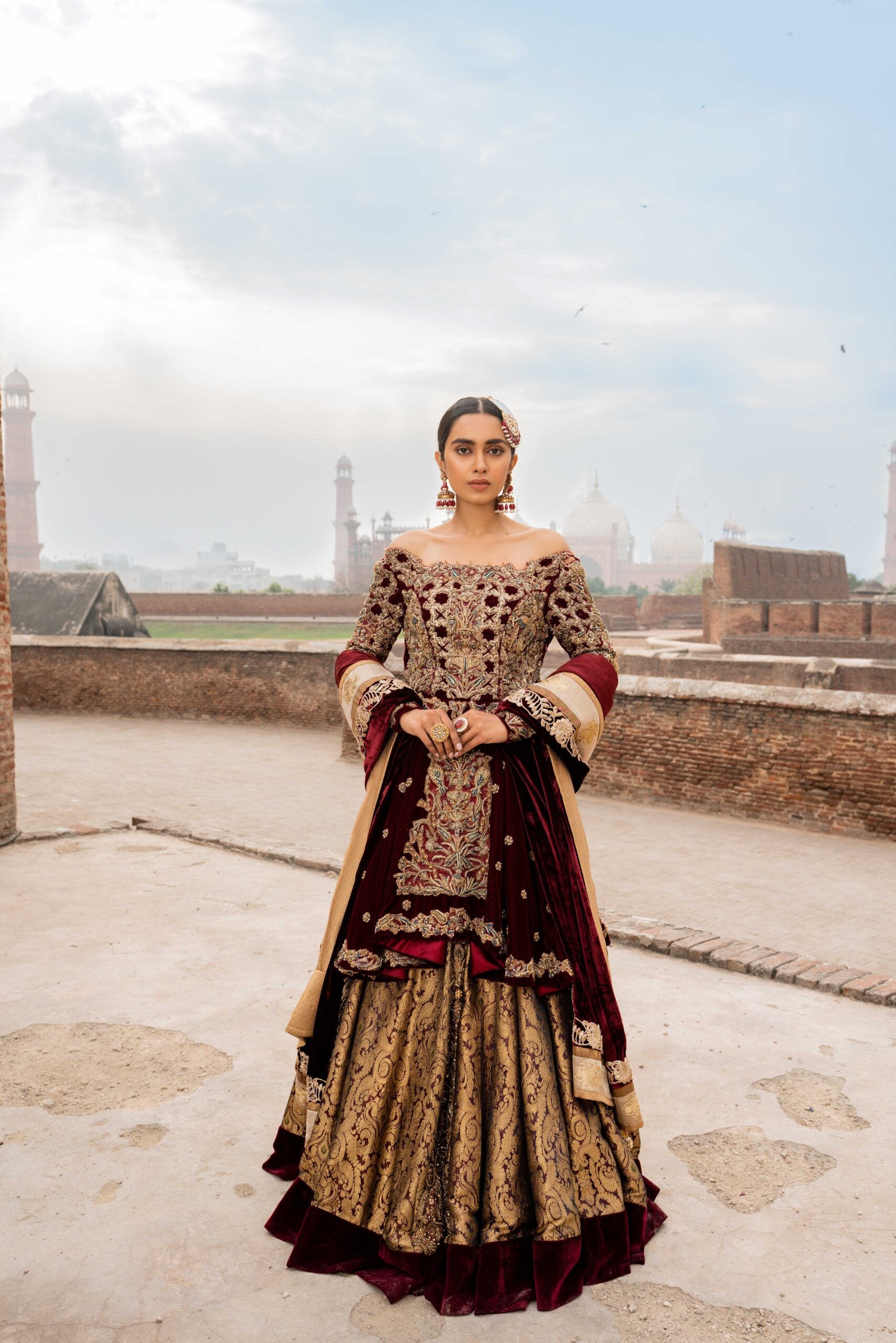 Maroon Embroidered Velvet Peplum Lehenga (3-Piece) - Image 2