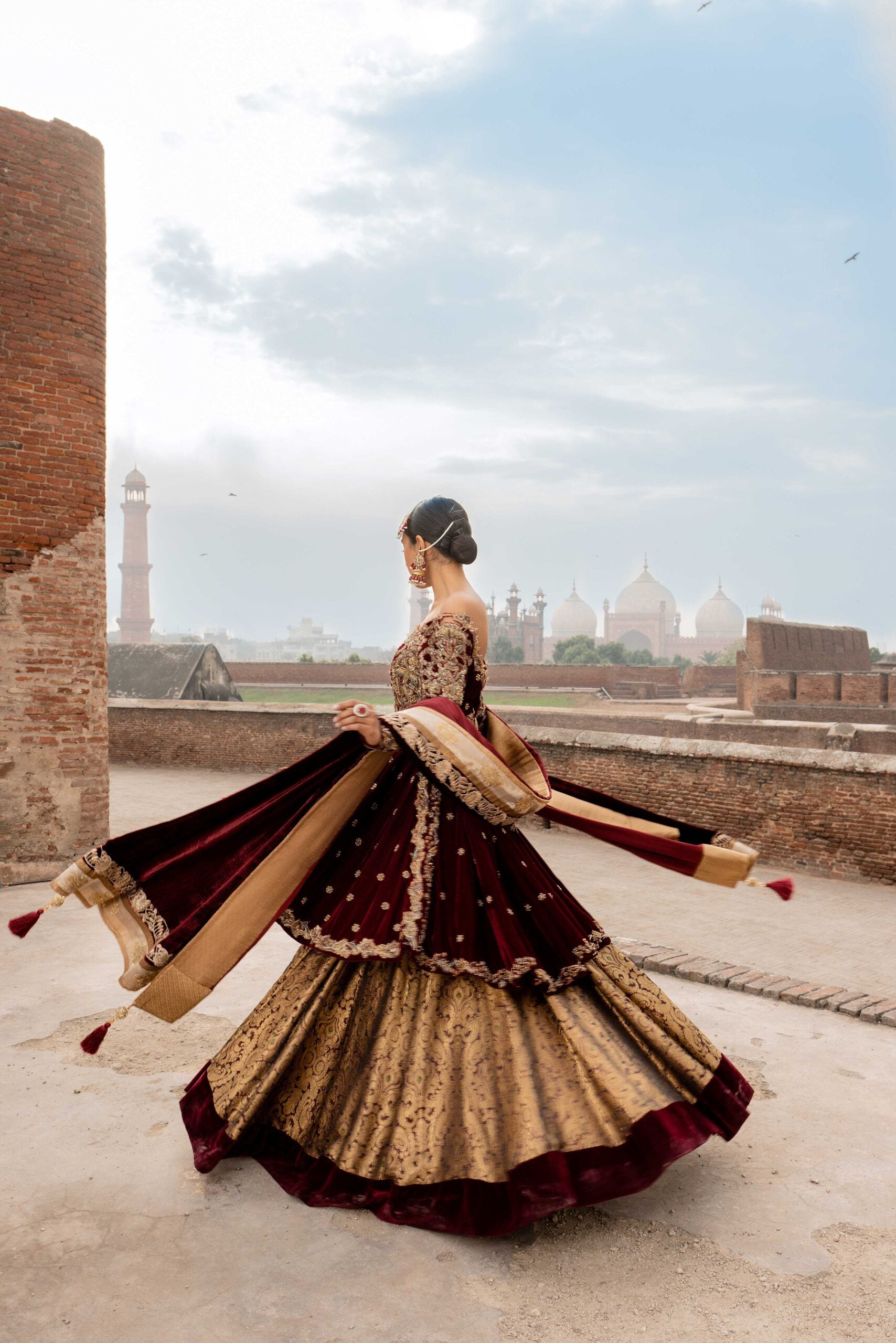Maroon Embroidered Velvet Peplum Lehenga (3-Piece) - Image 3