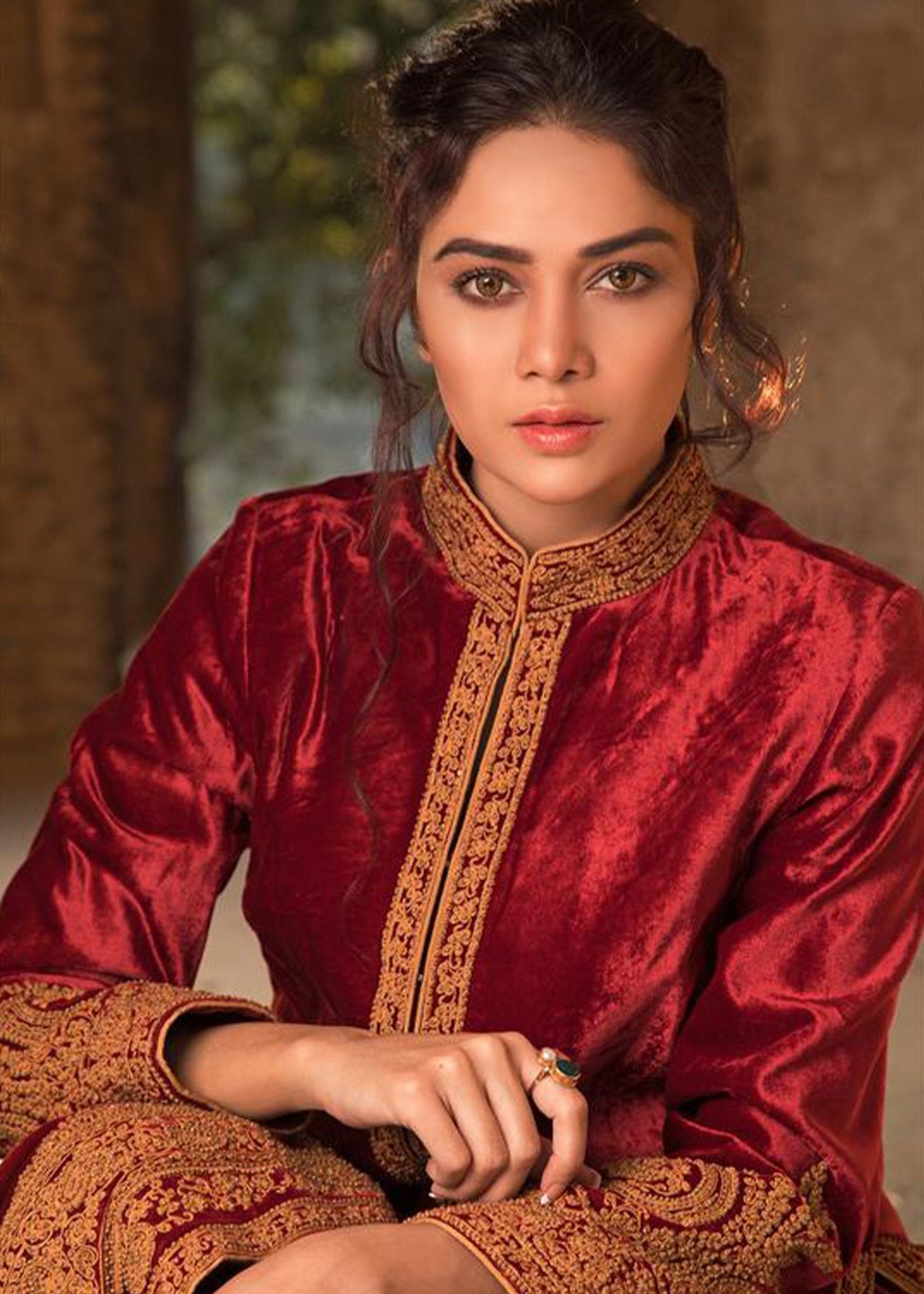 Maroon Marori Embroidered Velvet Lehenga Coat (2-Piece) - Image 2