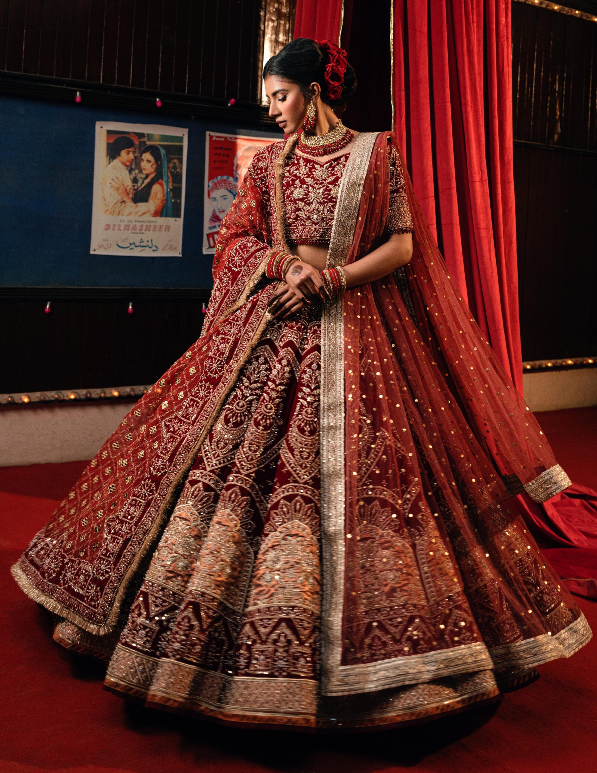 Pakistani Deep Maroon Embellished Velvet Lehenga Set (3-Piece) - Image 1