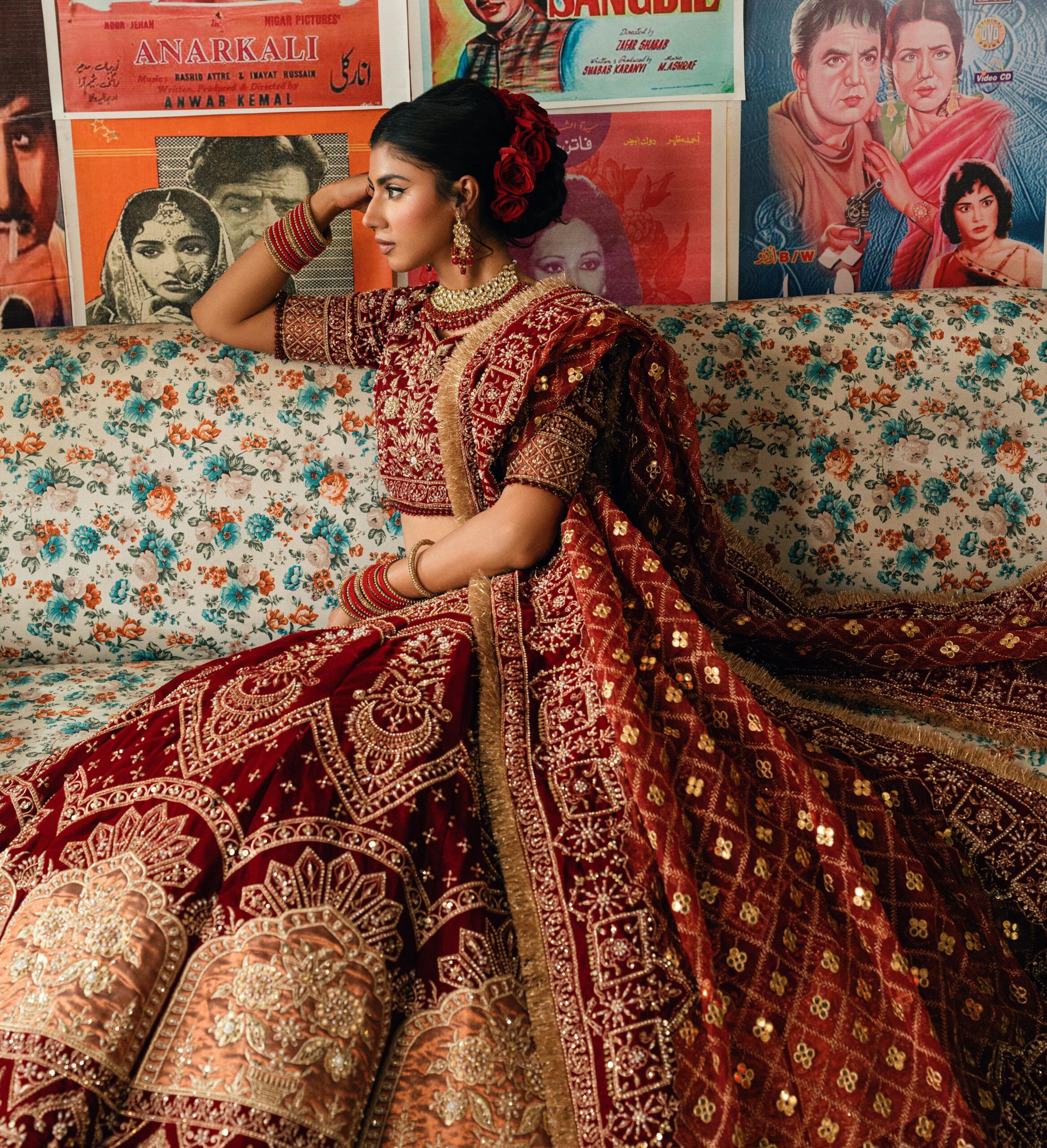 Pakistani Deep Maroon Embellished Velvet Lehenga Set (3-Piece) - Image 2