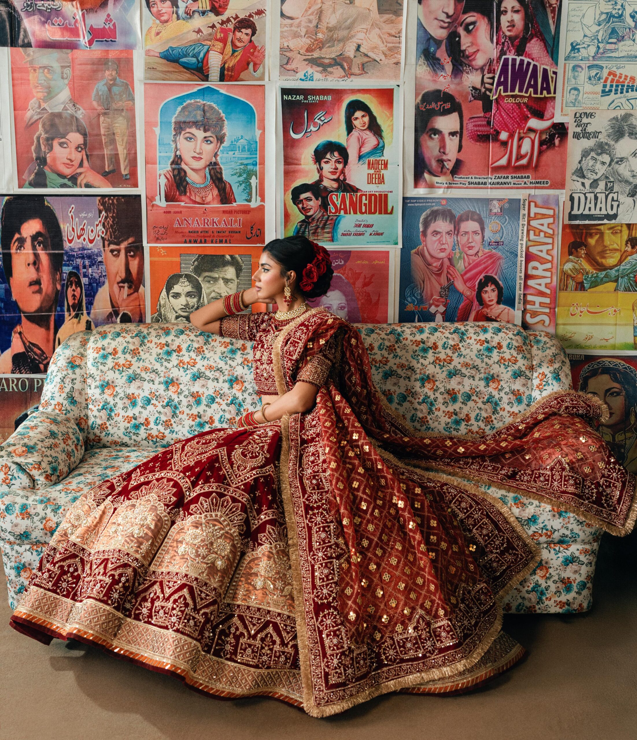 Pakistani Deep Maroon Embellished Velvet Lehenga Set (3-Piece) - Image 3