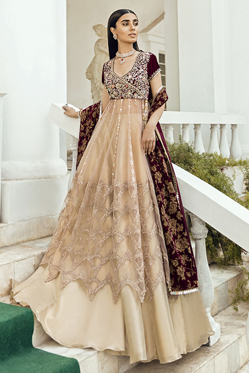 Pakistani Maroon Embroidered Velvet Lehenga Set (3-Piece) - Image 1
