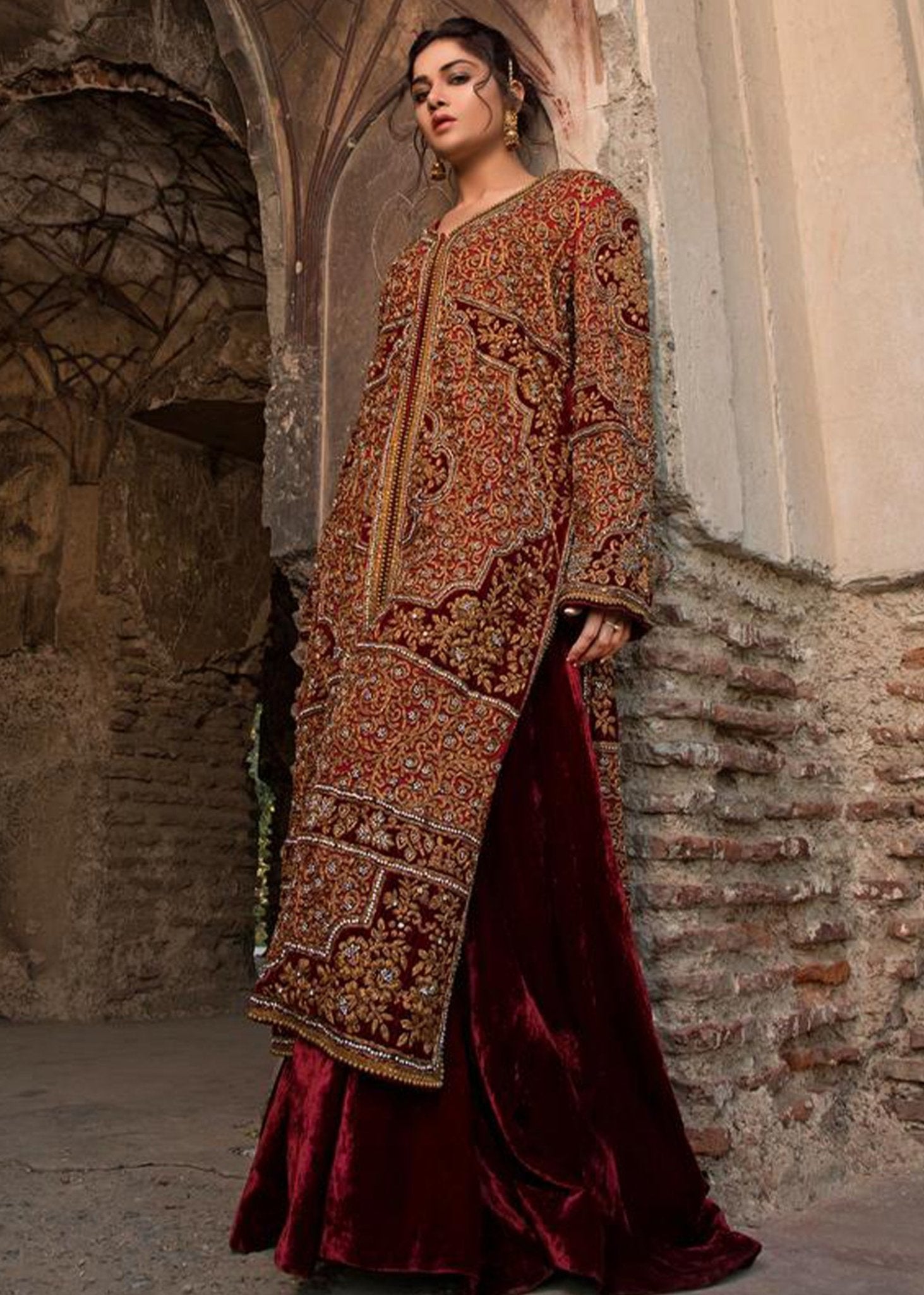Maroon Naqshee Embroidered Velvet Long Coat & Skirt (2-Piece) - Image 1