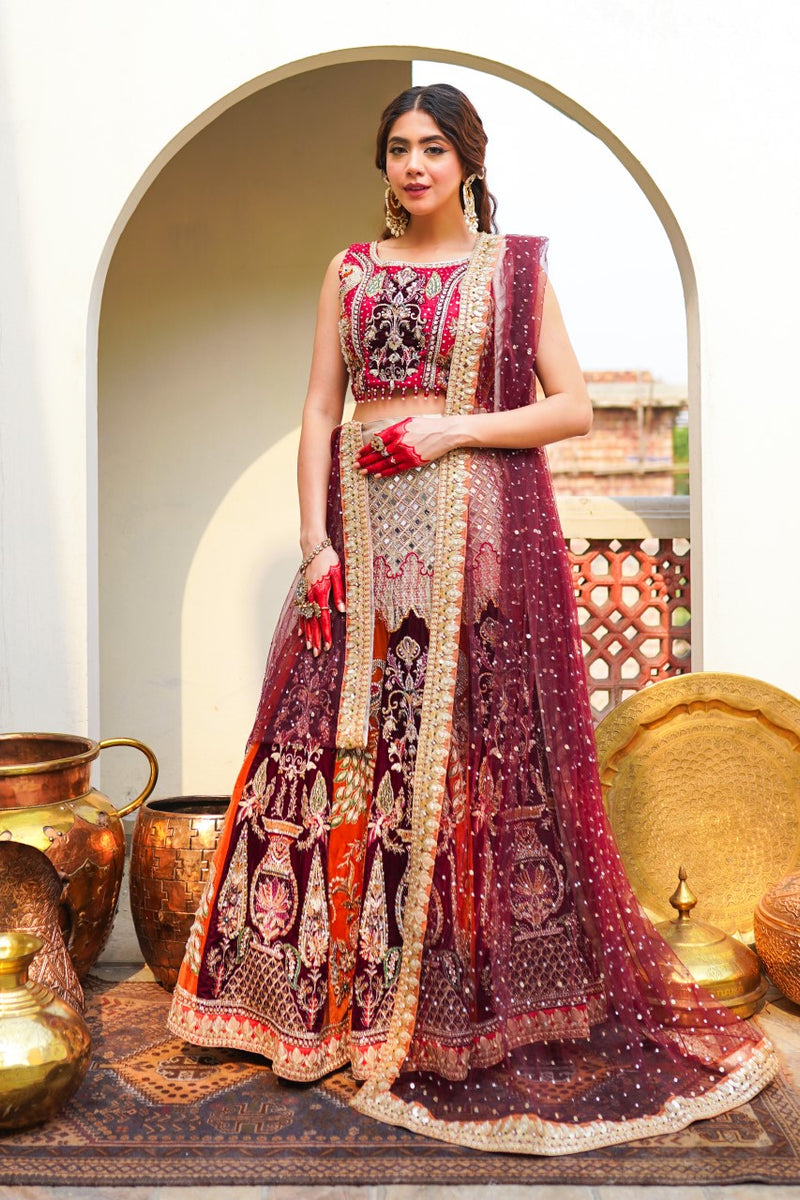 Pakistani Maroon Orange Embroidered Silk Velvet Lehenga Choli (3-Piece) - Image 1