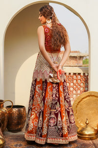 Pakistani Maroon Orange Embroidered Silk Velvet Lehenga Choli (3-Piece) - Image 3