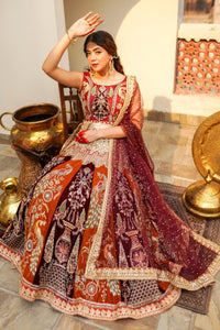 Pakistani Maroon Orange Embroidered Silk Velvet Lehenga Choli (3-Piece) - Image 4