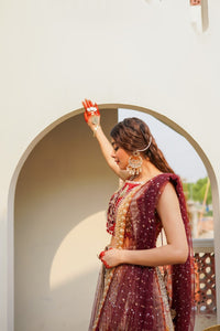 Pakistani Maroon Orange Embroidered Silk Velvet Lehenga Choli (3-Piece) - Image 5