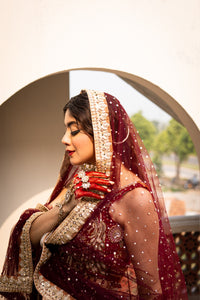 Pakistani Maroon Orange Embroidered Silk Velvet Lehenga Choli (3-Piece) - Image 6