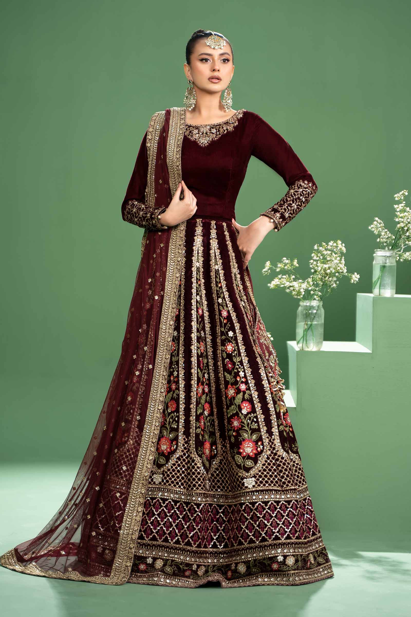 Maroon Embroidered Velvet Lehenga Set (3-Piece) - Image 1