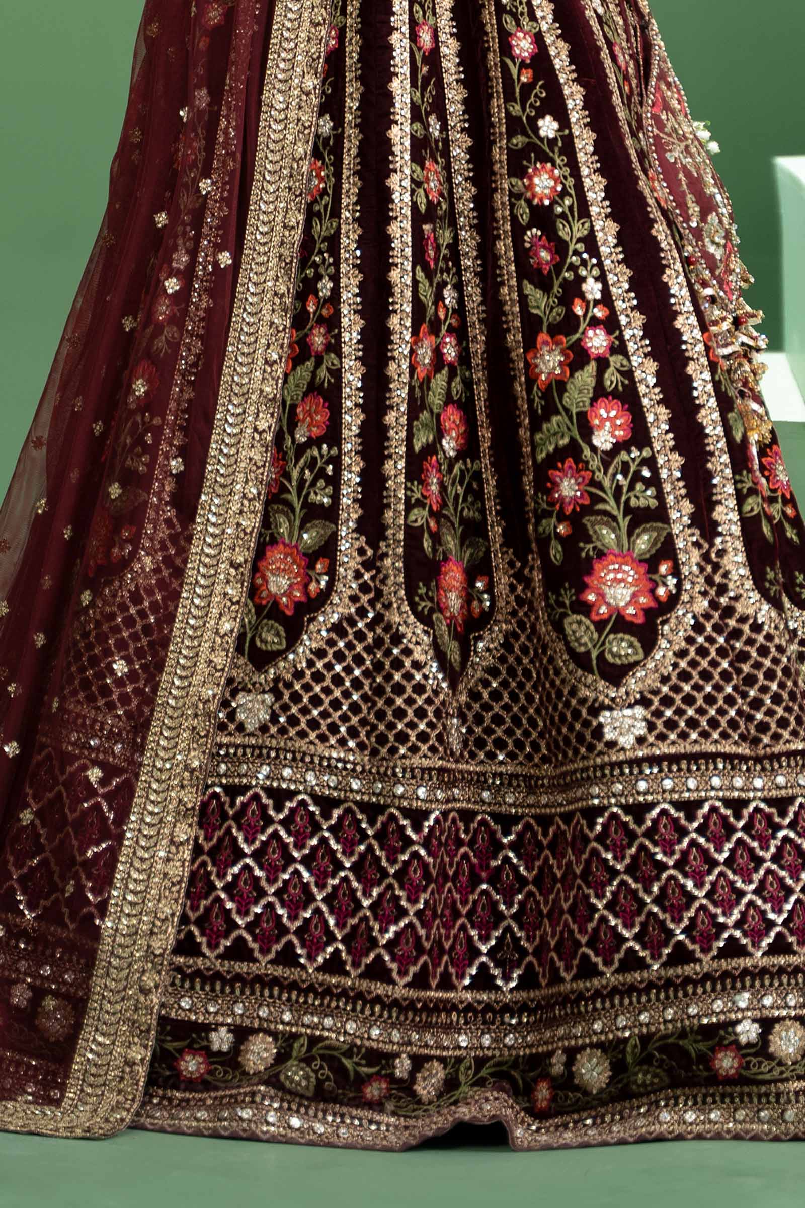 Maroon Embroidered Velvet Lehenga Set (3-Piece) - Image 3